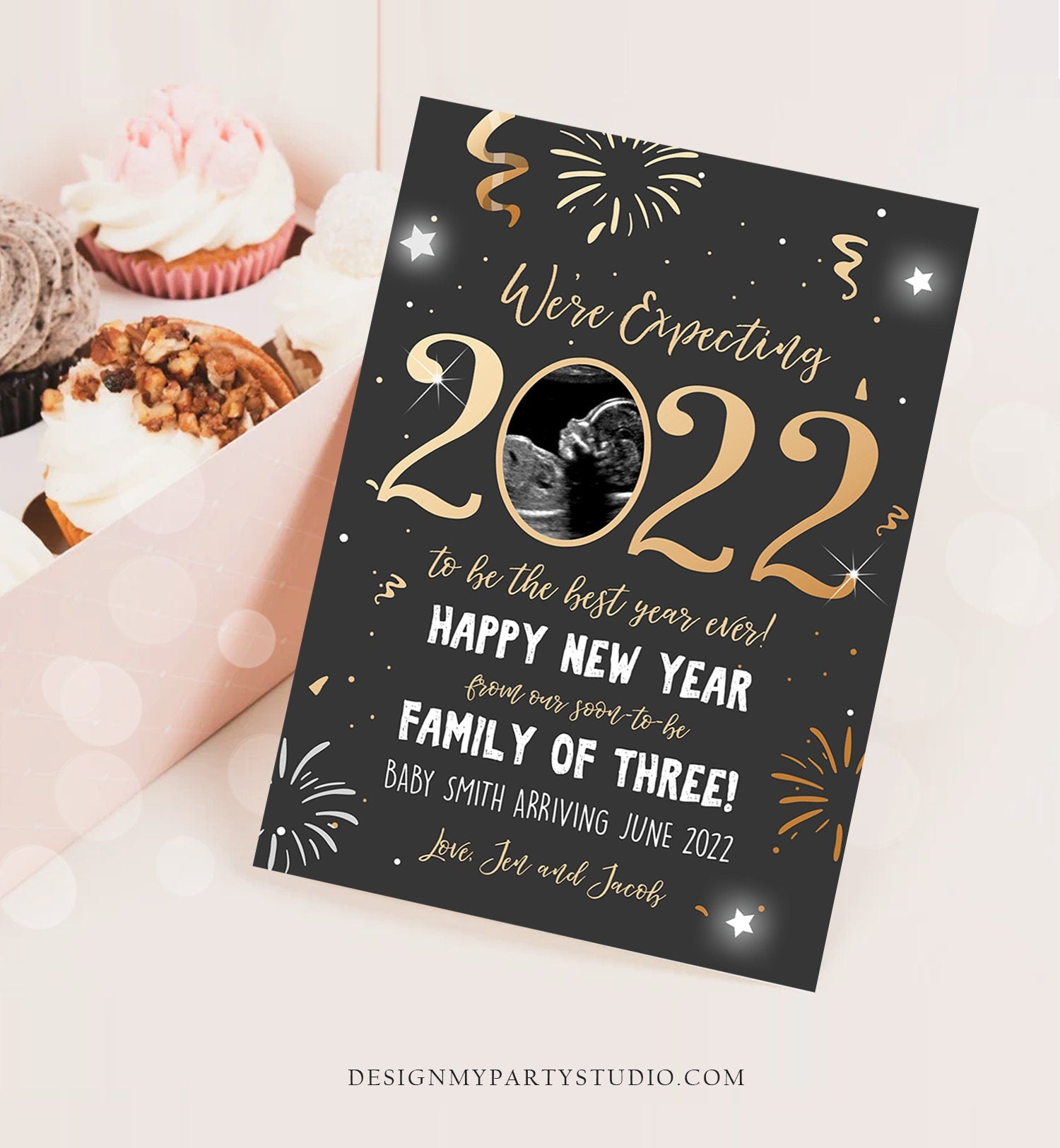 Editable New Year Pregnancy Reveal Card Pregnancy Announcement New Years 2022 Ultrasound Card Instant Download Digital Corjl Template 0280