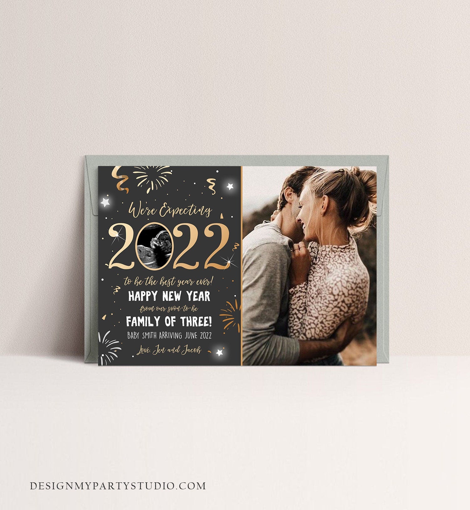 Editable New Year Pregnancy Reveal Card Pregnancy Announcement New Years 2022 Ultrasound Card Instant Download Digital Corjl Template 0280