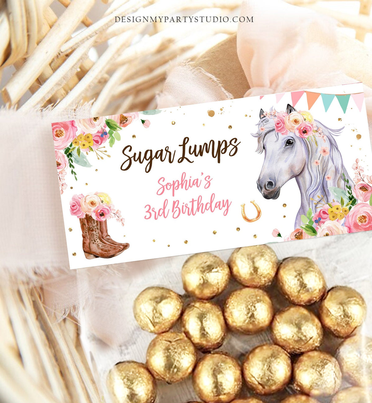 Editable Horse Treat Bag Toppers Horse Birthday Favors Girl Horse Party Favor Tags Cowgirl Pink Floral Corjl Template Printable 0408