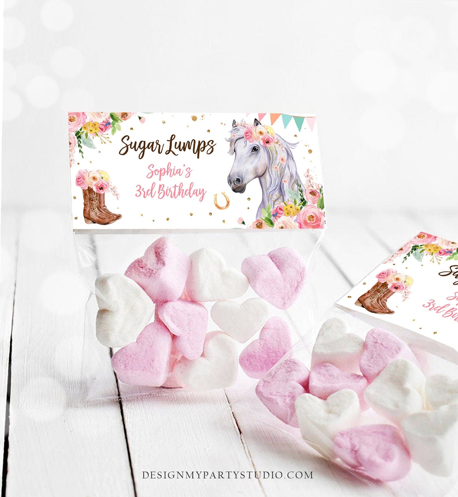 Editable Horse Treat Bag Toppers Horse Birthday Favors Girl Horse Party Favor Tags Cowgirl Pink Floral Corjl Template Printable 0408