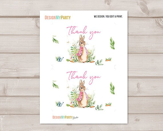 Flopsy Rabbit Baby Shower Thank you Card Thank You Note 4x6" Rustic Watercolor Bunny Baby Shower Girl Pink PRINTABLE Instant Download 0351