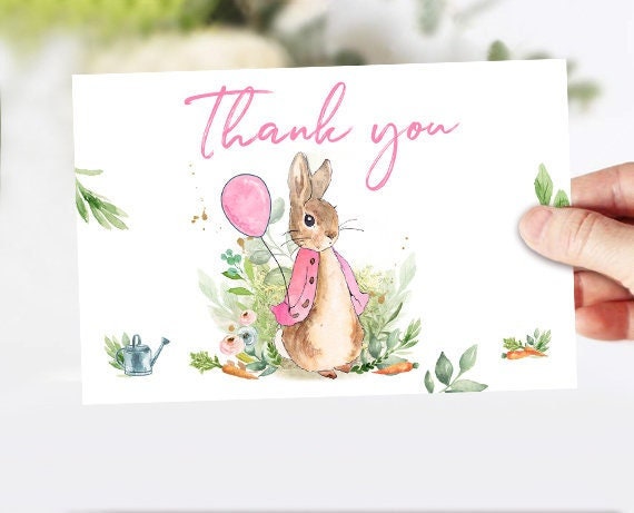 Flopsy Rabbit Thank you Card Peter Rabbit Thank You Note 4x6&quot; Rustic Watercolor Bunny Birthday Girl Pink PRINTABLE Instant Download 0351