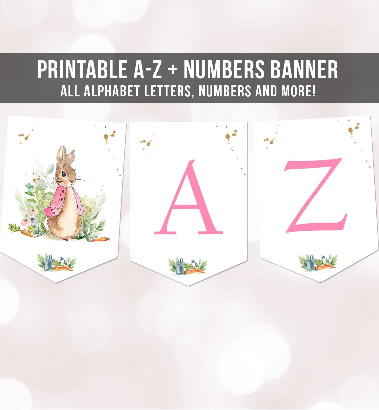 Flopsy Rabbit Baby Shower Birthday Banner A-Z Alphabet Numbers Banner Happy Birthday Banner Girl Pink Bunny Gold Decor Printable 0351