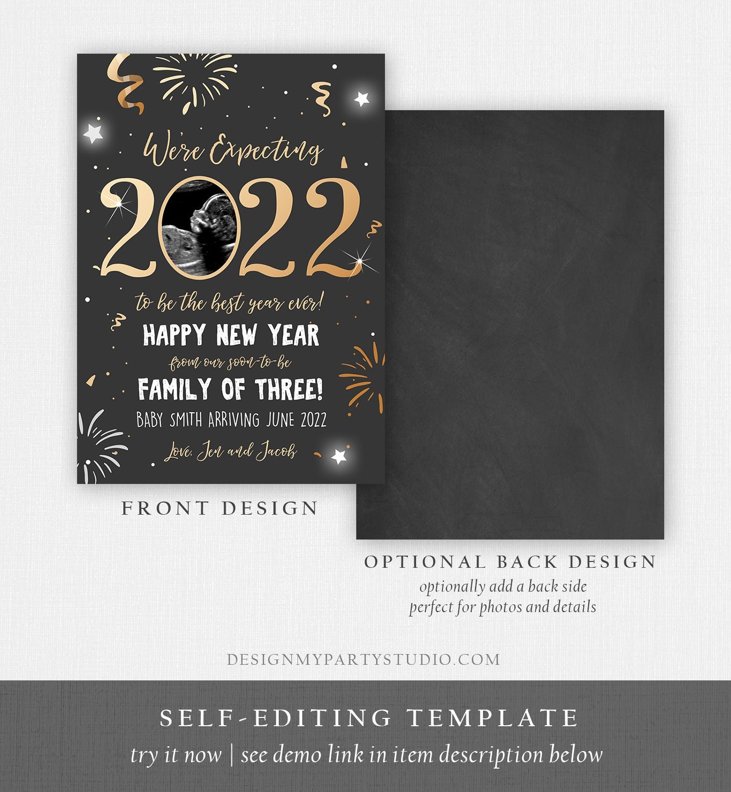 Editable New Year Pregnancy Reveal Card Pregnancy Announcement New Years 2022 Ultrasound Card Instant Download Digital Corjl Template 0280