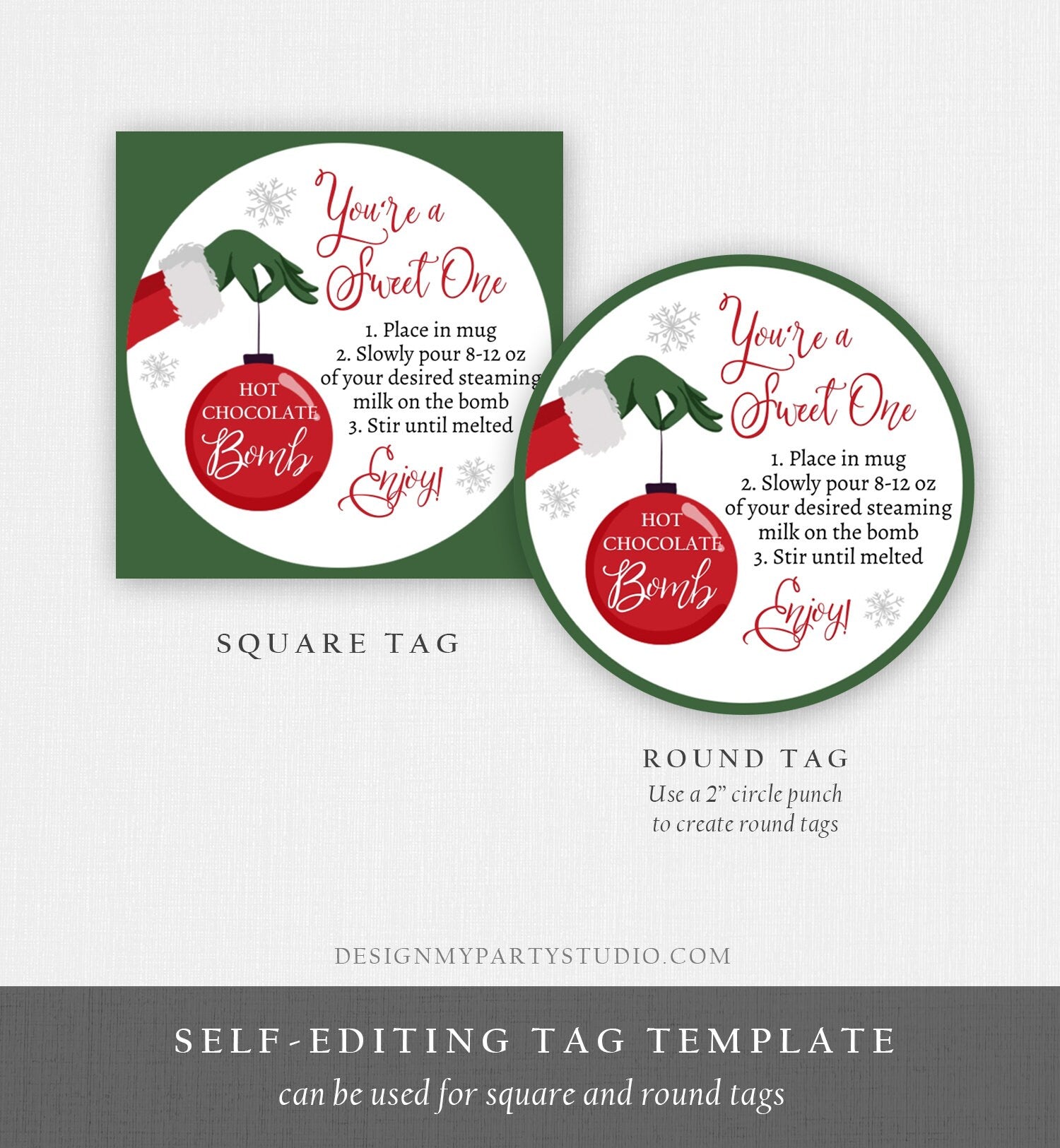 Editable Hot Chocolate Bomb Tags Bomb Instructions Green Red Holiday Favor Tags Winter Christmas You're a Sweet One Digital PRINTABLE 0353