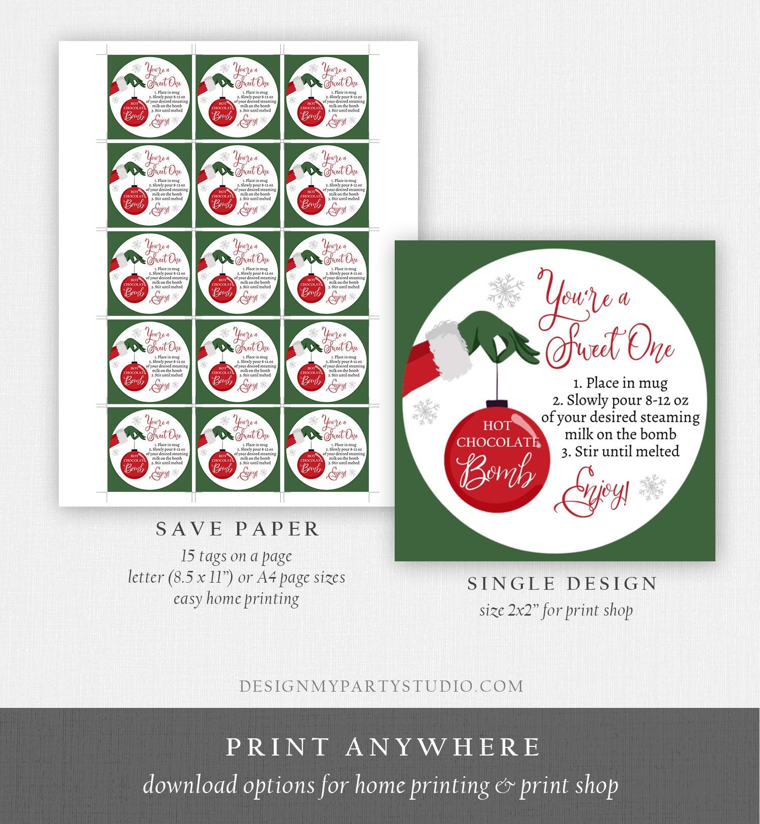 Editable Hot Chocolate Bomb Tags Bomb Instructions Green Red Holiday Favor Tags Winter Christmas You're a Sweet One Digital PRINTABLE 0353