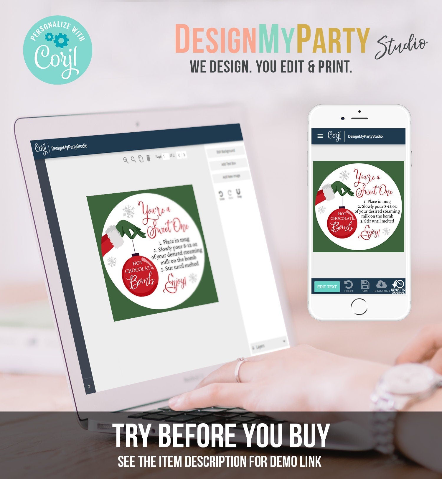 Editable Hot Chocolate Bomb Tags Bomb Instructions Green Red Holiday Favor Tags Winter Christmas You're a Sweet One Digital PRINTABLE 0353