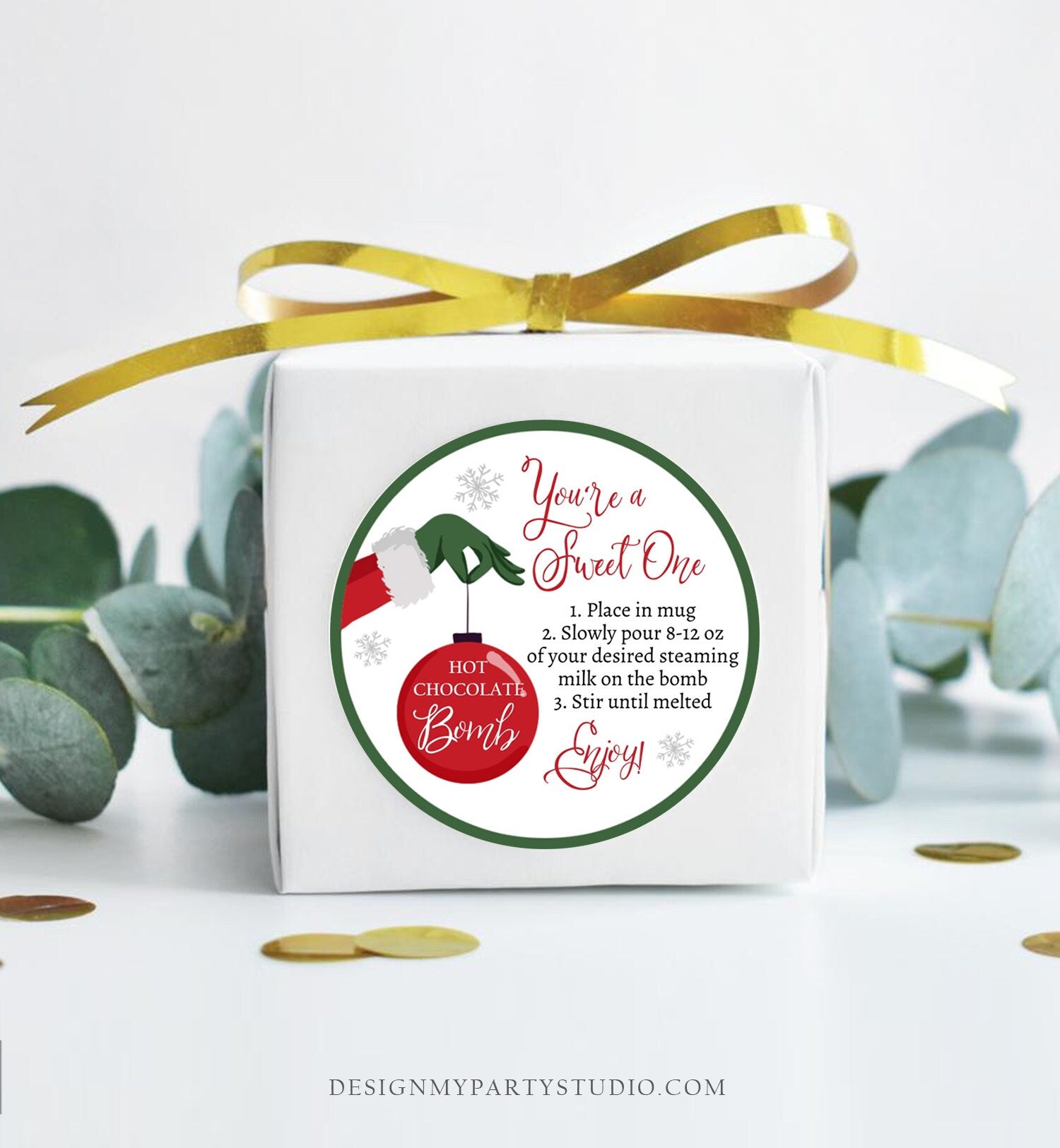 Editable Hot Chocolate Bomb Tags Bomb Instructions Green Red Holiday Favor Tags Winter Christmas You're a Sweet One Digital PRINTABLE 0353