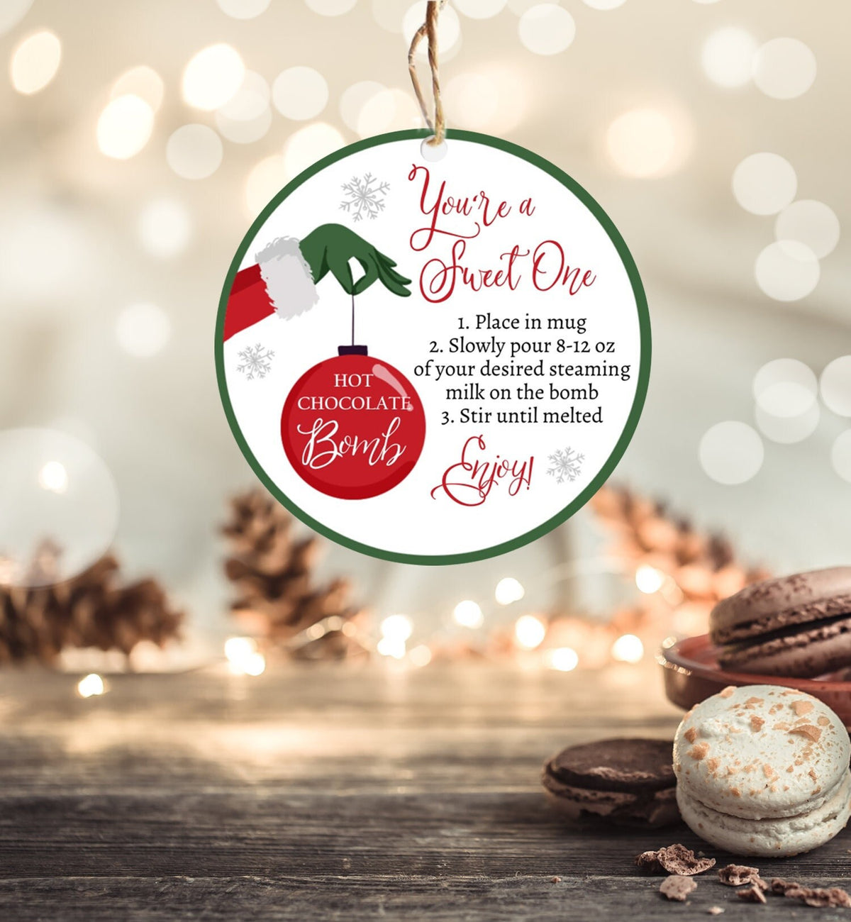 Editable Hot Chocolate Bomb Tags Bomb Instructions Green Red Holiday Favor Tags Winter Christmas You&#39;re a Sweet One Digital PRINTABLE 0353