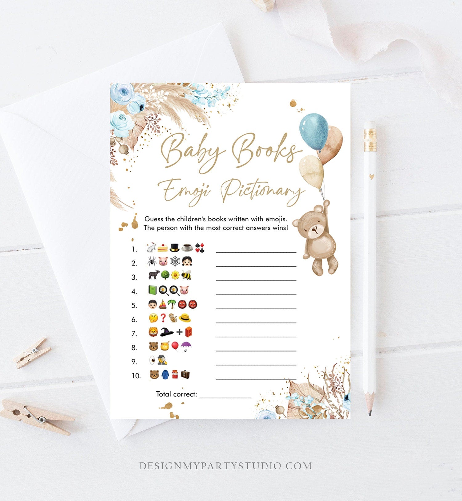 Editable Emoji Pictionary Baby Shower Game Baby Books Boho Teddy Bear Shower Pampas Grass Boy Bearly Wait Corjl Template Printable 0421