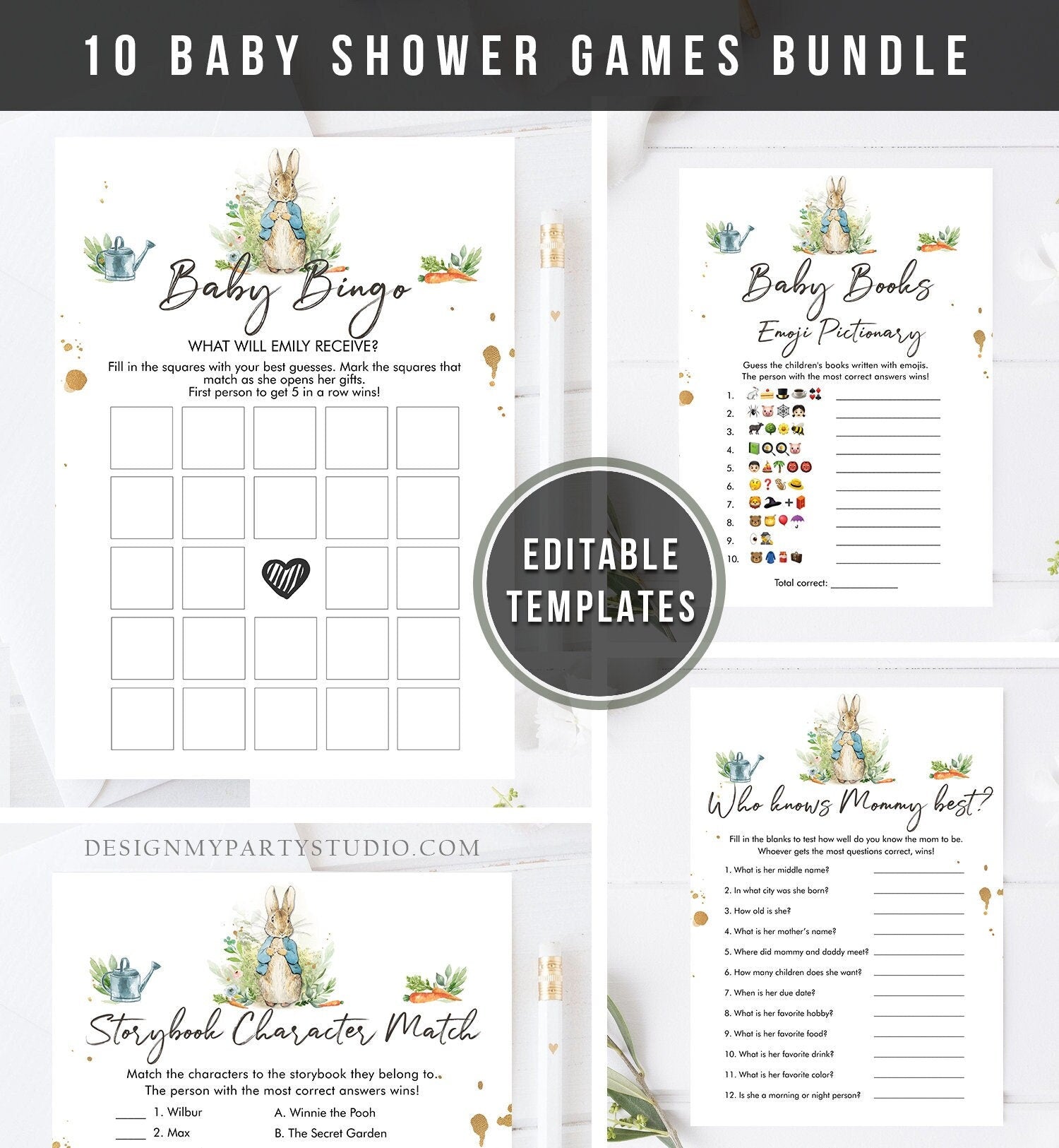 Editable Peter Rabbit Baby Shower Games Bundle Baby Shower Activity Games Pack Bunny Baby Shower Neutral Games Printable Corjl Template 0351