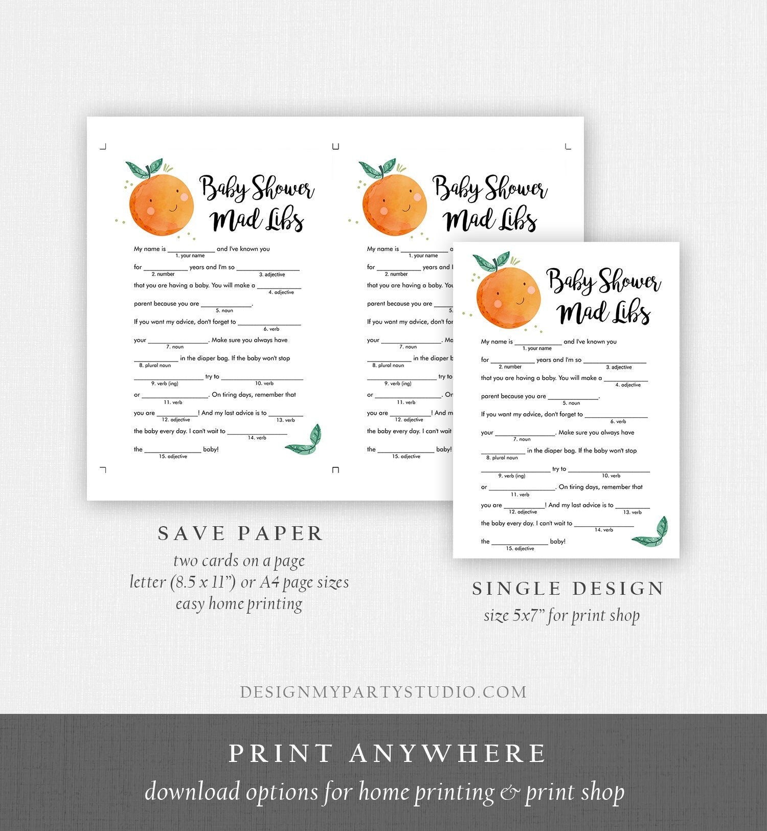 Editable Love Story Mad Libs Baby Shower Game Card Little Cutie Orange Clementine Sprinkle Activity Download Template Corjl 0330