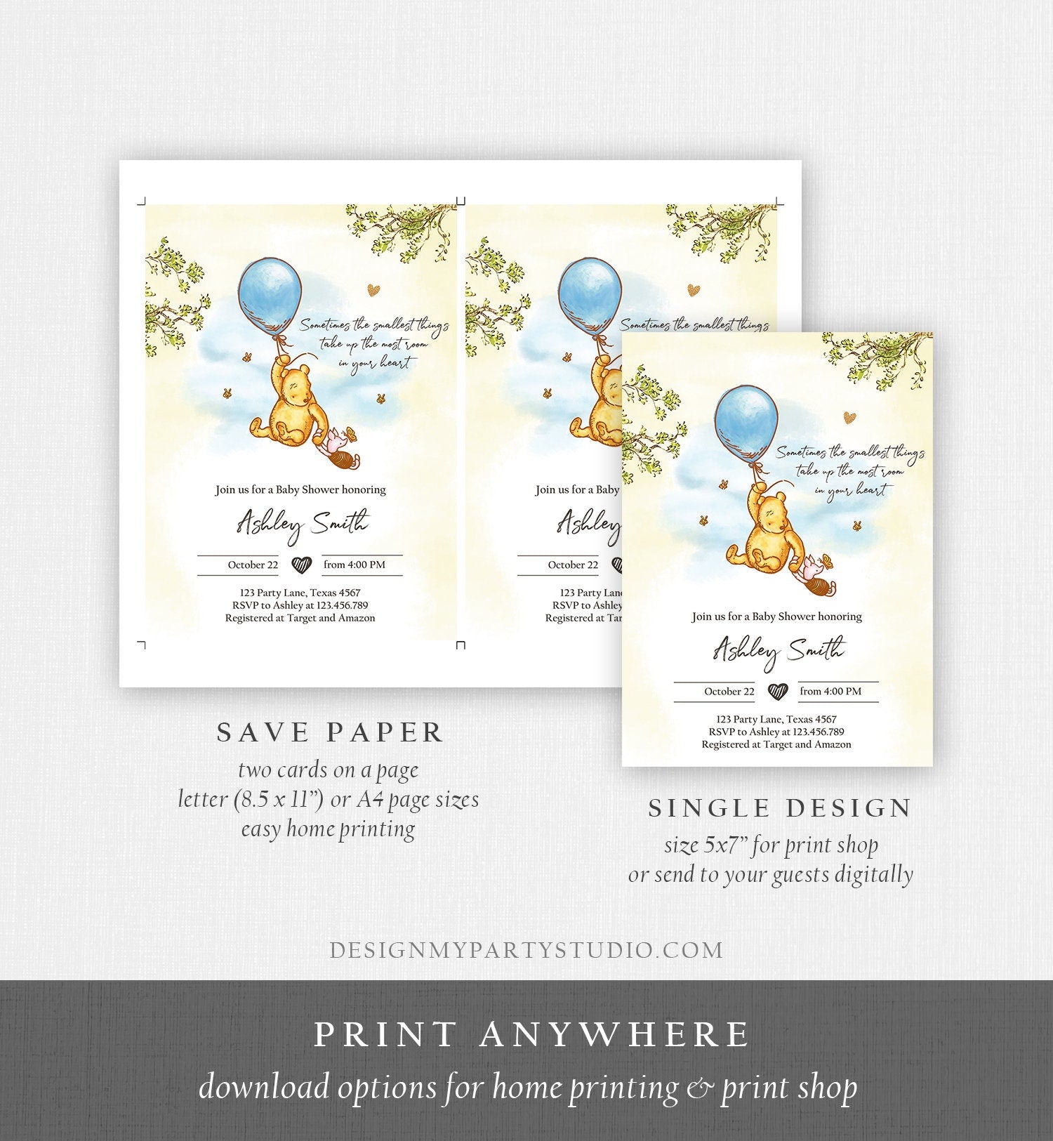 Editable Winnie The Pooh Baby Shower Invitation Boy Blue Rustic Classic Winnie The Pooh Sprinkle Digital Corjl Template Printable 0425