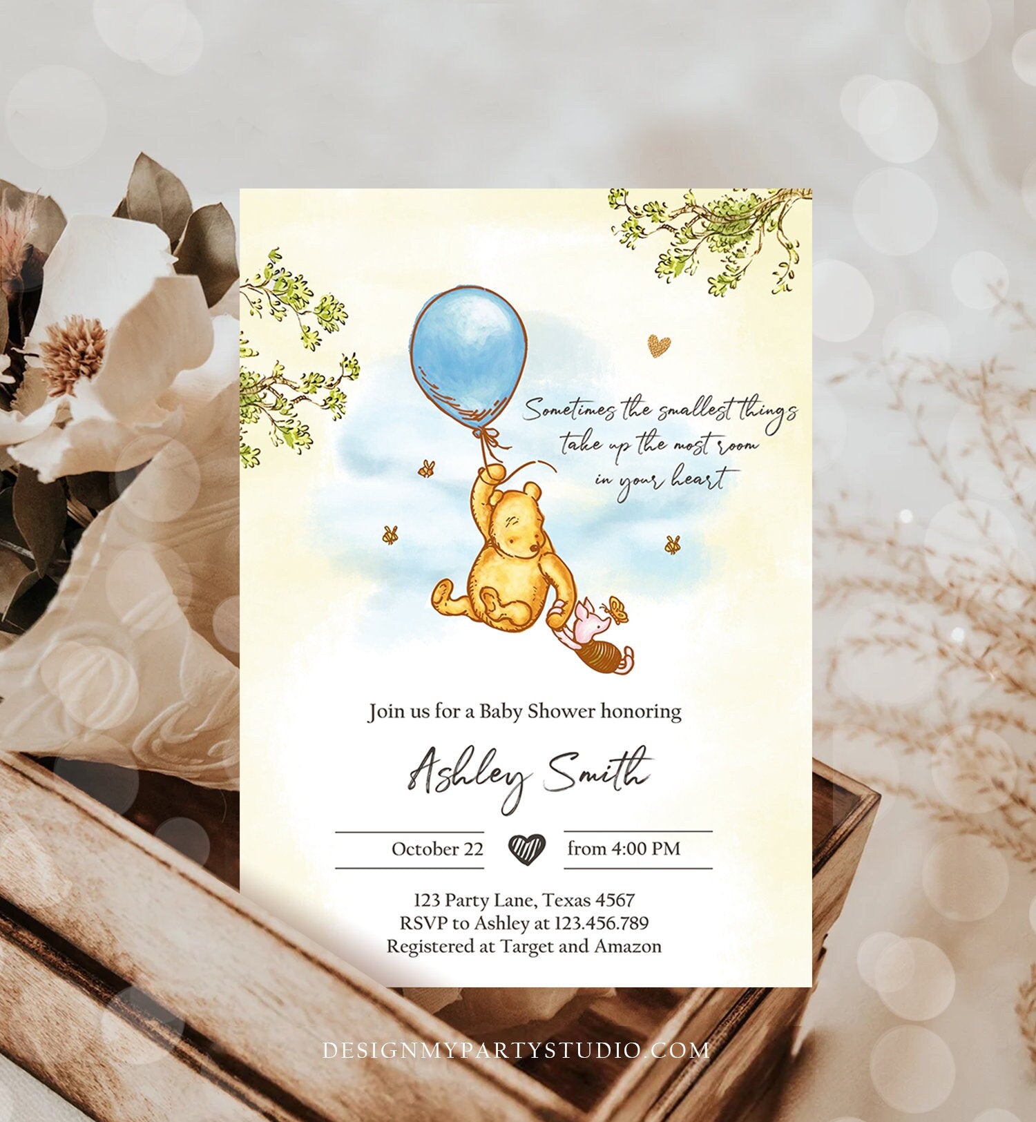 Editable Winnie The Pooh Baby Shower Invitation Boy Blue Rustic Classic Winnie The Pooh Sprinkle Digital Corjl Template Printable 0425