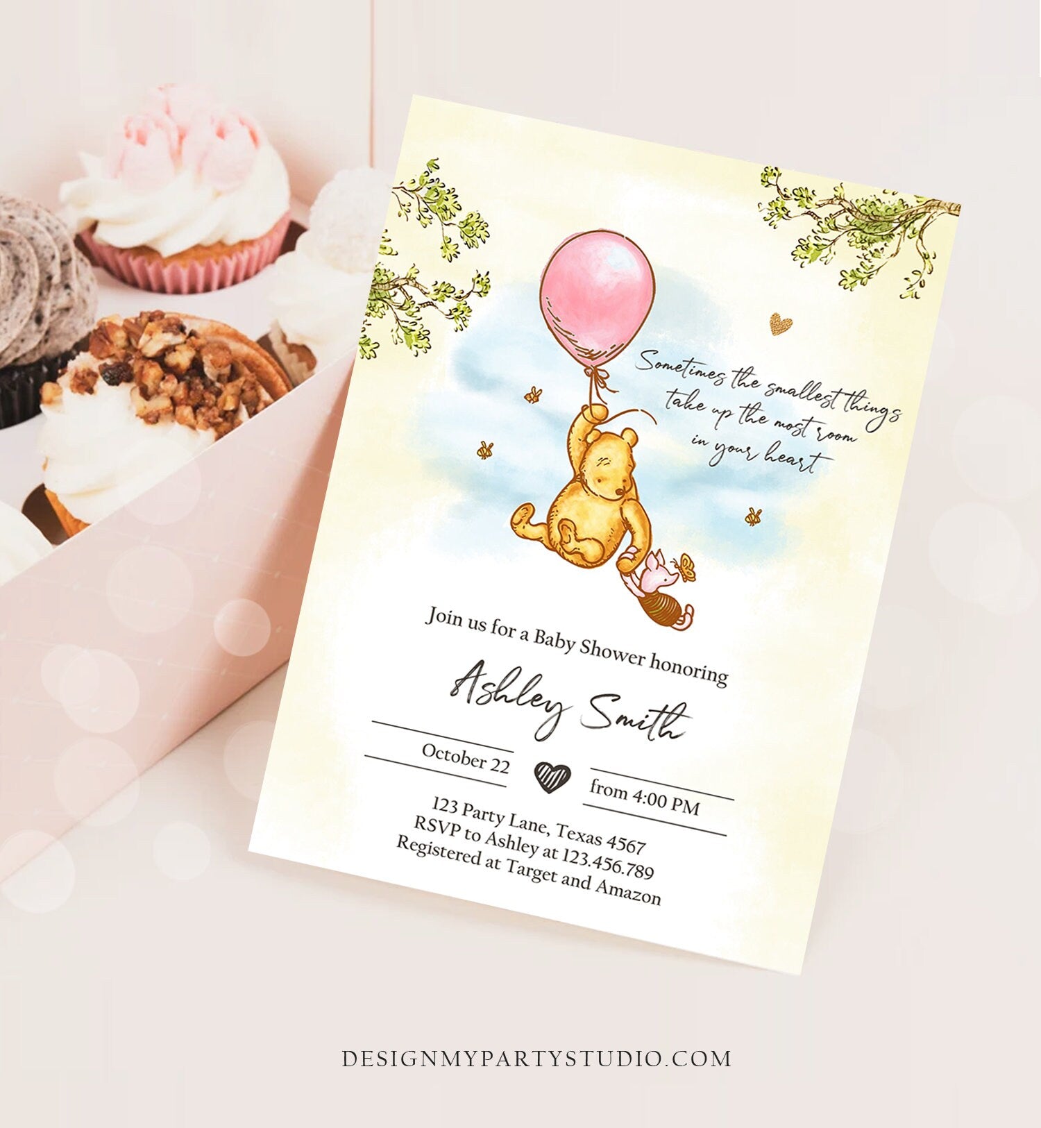 Editable Winnie The Pooh Baby Shower Invitation Girl Pink Rustic Classic Winnie The Pooh Sprinkle Digital Corjl Template Printable 0425