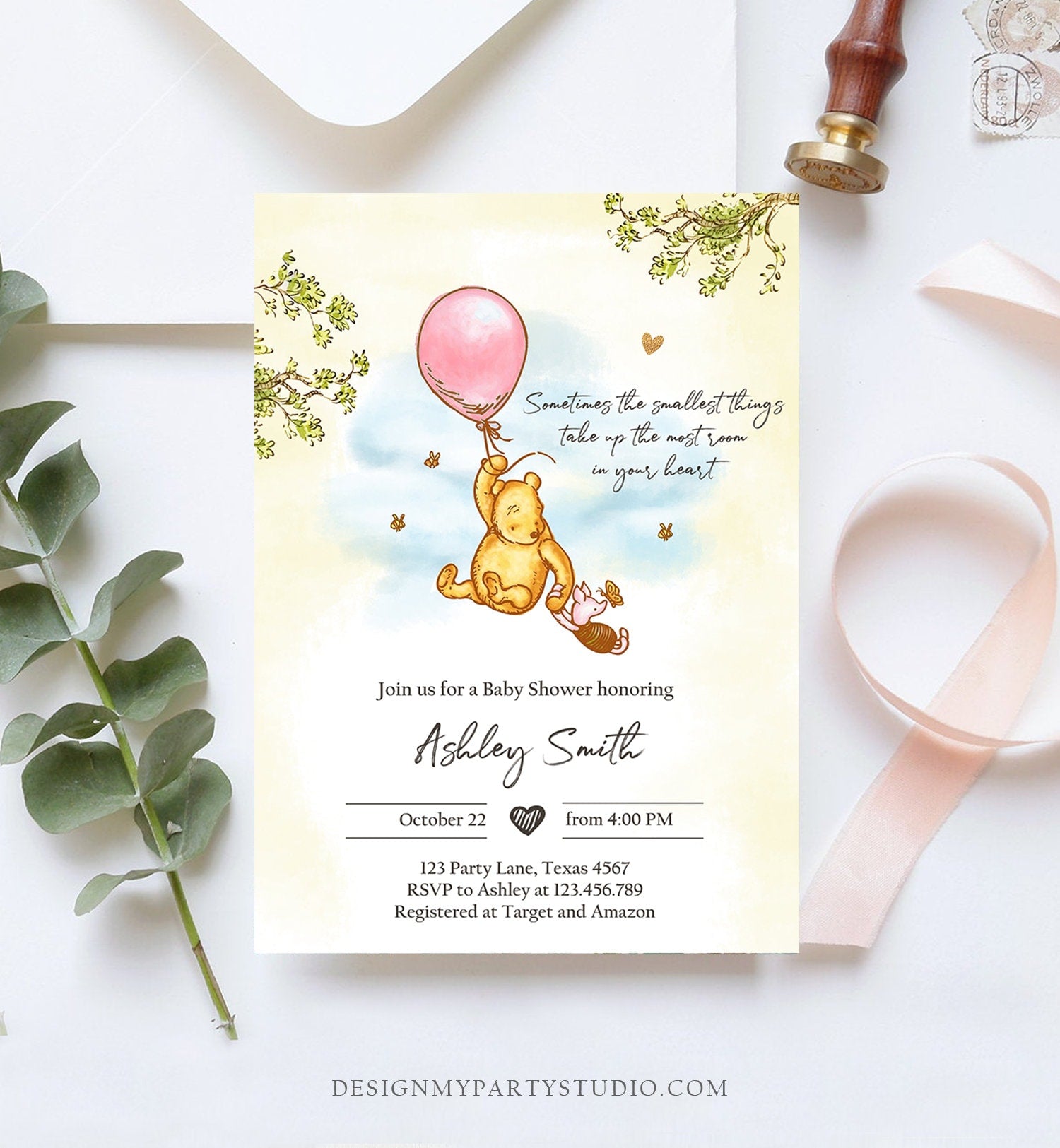 Editable Winnie The Pooh Baby Shower Invitation Girl Pink Rustic Classic Winnie The Pooh Sprinkle Digital Corjl Template Printable 0425