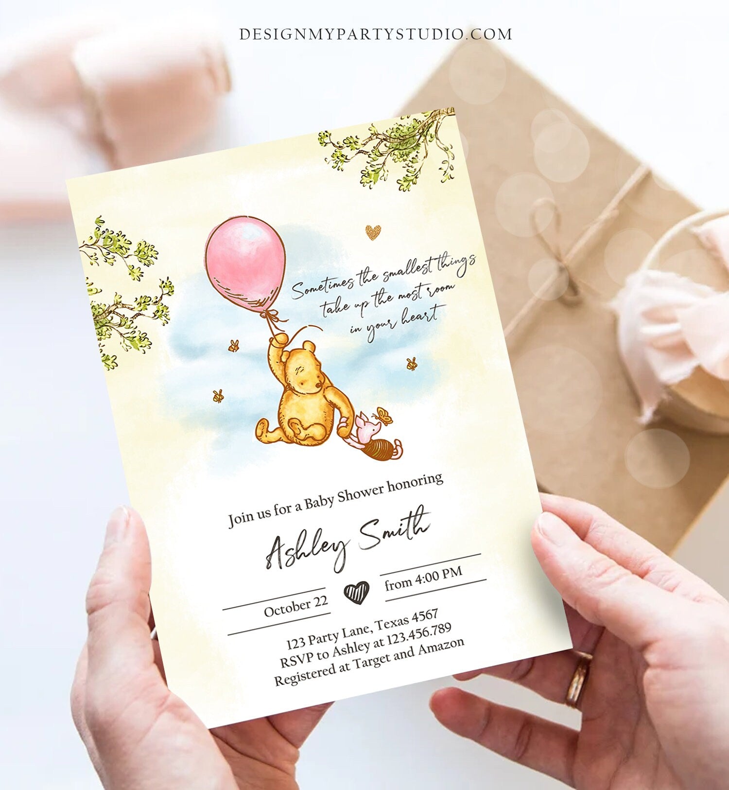 Editable Winnie The Pooh Baby Shower Invitation Girl Pink Rustic Classic Winnie The Pooh Sprinkle Digital Corjl Template Printable 0425