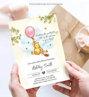 Editable Winnie The Pooh Baby Shower Invitation Girl Pink Rustic Classic Winnie The Pooh Sprinkle Digital Corjl Template Printable 0425