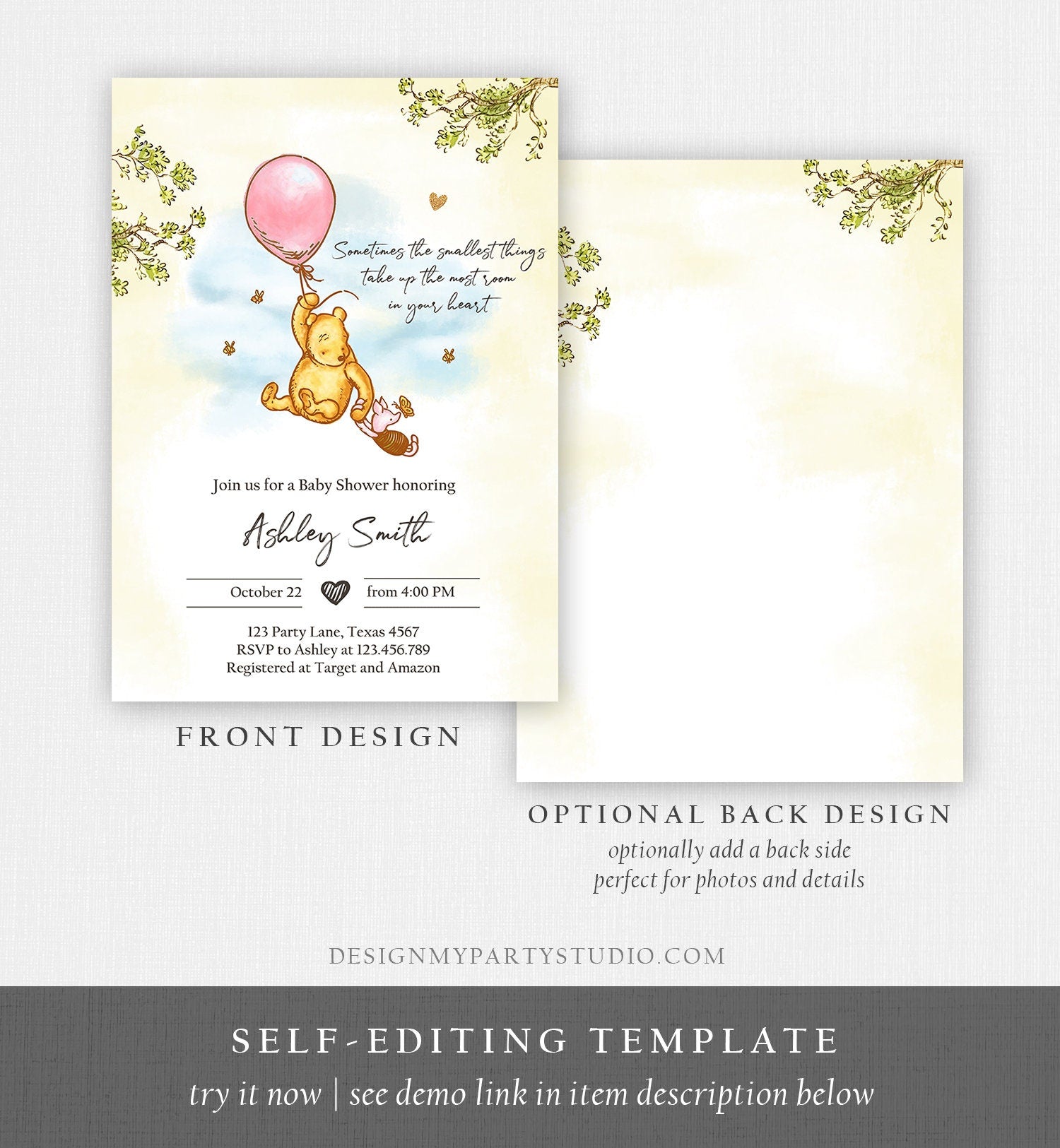 Editable Winnie The Pooh Baby Shower Invitation Girl Pink Rustic Classic Winnie The Pooh Sprinkle Digital Corjl Template Printable 0425