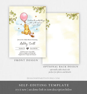 Editable Winnie The Pooh Baby Shower Invitation Girl Pink Rustic Classic Winnie The Pooh Sprinkle Digital Corjl Template Printable 0425