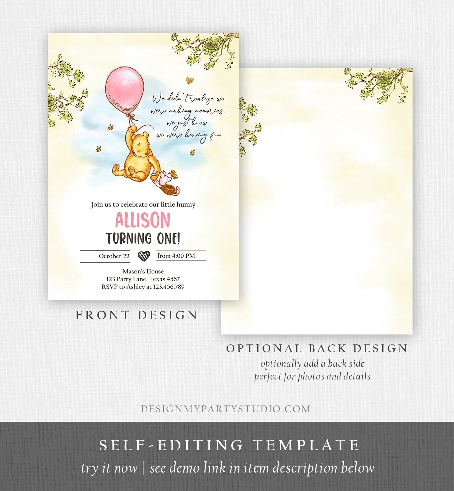 Editable Winnie The Pooh Invitation Girl Pink Rustic Classic Winnie The Pooh 1st Birthday Invite Digital Corjl Template Printable 0425