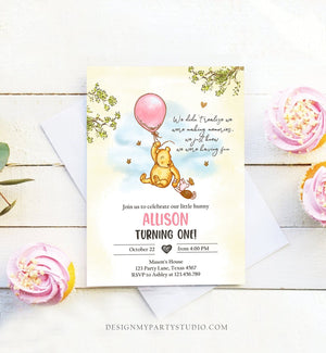 Editable Winnie The Pooh Invitation Girl Pink Rustic Classic Winnie The Pooh 1st Birthday Invite Digital Corjl Template Printable 0425