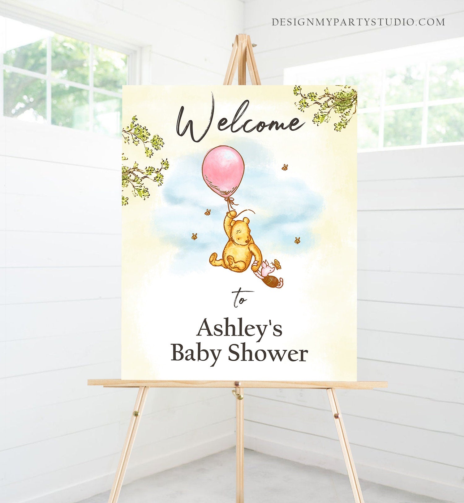 Editable Winnie The Pooh Welcome Sign Pooh Baby Shower Girl Pink Classic Winnie The Pooh Party Decor Corjl Template Printable 0425