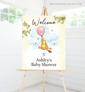 Editable Winnie The Pooh Welcome Sign Pooh Baby Shower Girl Pink Classic Winnie The Pooh Party Decor Corjl Template Printable 0425