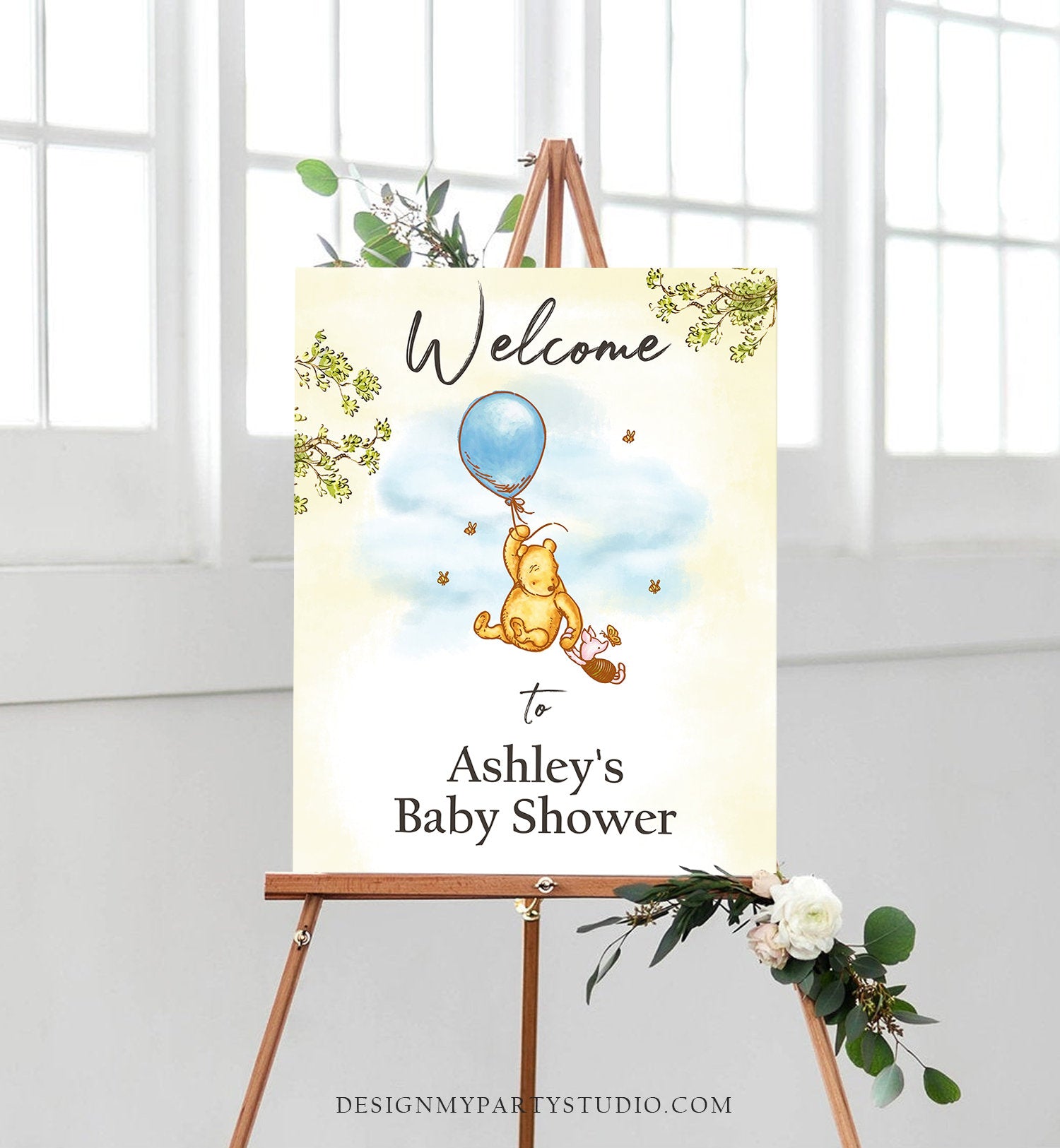 Editable Winnie The Pooh Welcome Sign Pooh Baby Shower Boy Blue Classic Winnie The Pooh Party Decor Corjl Template Printable 0425