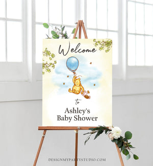 Editable Winnie The Pooh Welcome Sign Pooh Baby Shower Boy Blue Classic Winnie The Pooh Party Decor Corjl Template Printable 0425