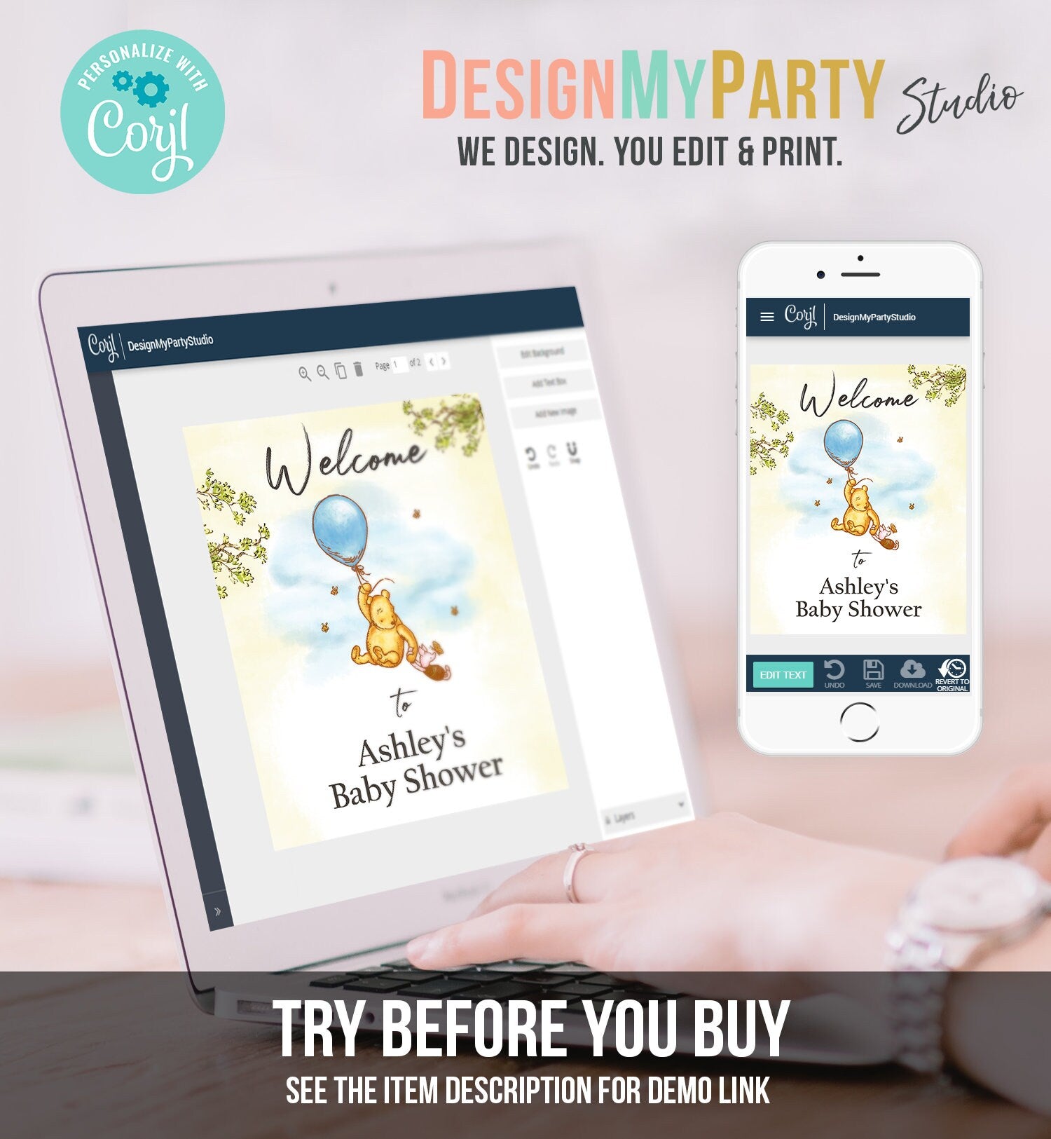 Editable Winnie The Pooh Welcome Sign Pooh Baby Shower Boy Blue Classic Winnie The Pooh Party Decor Corjl Template Printable 0425