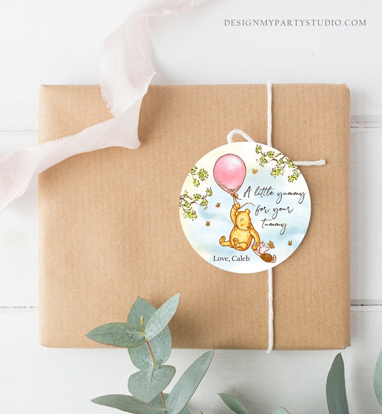 Editable Winnie The Pooh Favor Tags Pooh Baby Shower Thank you Sticker Birthday Yummy for Your Tummy Printable Download Corjl Template 0425