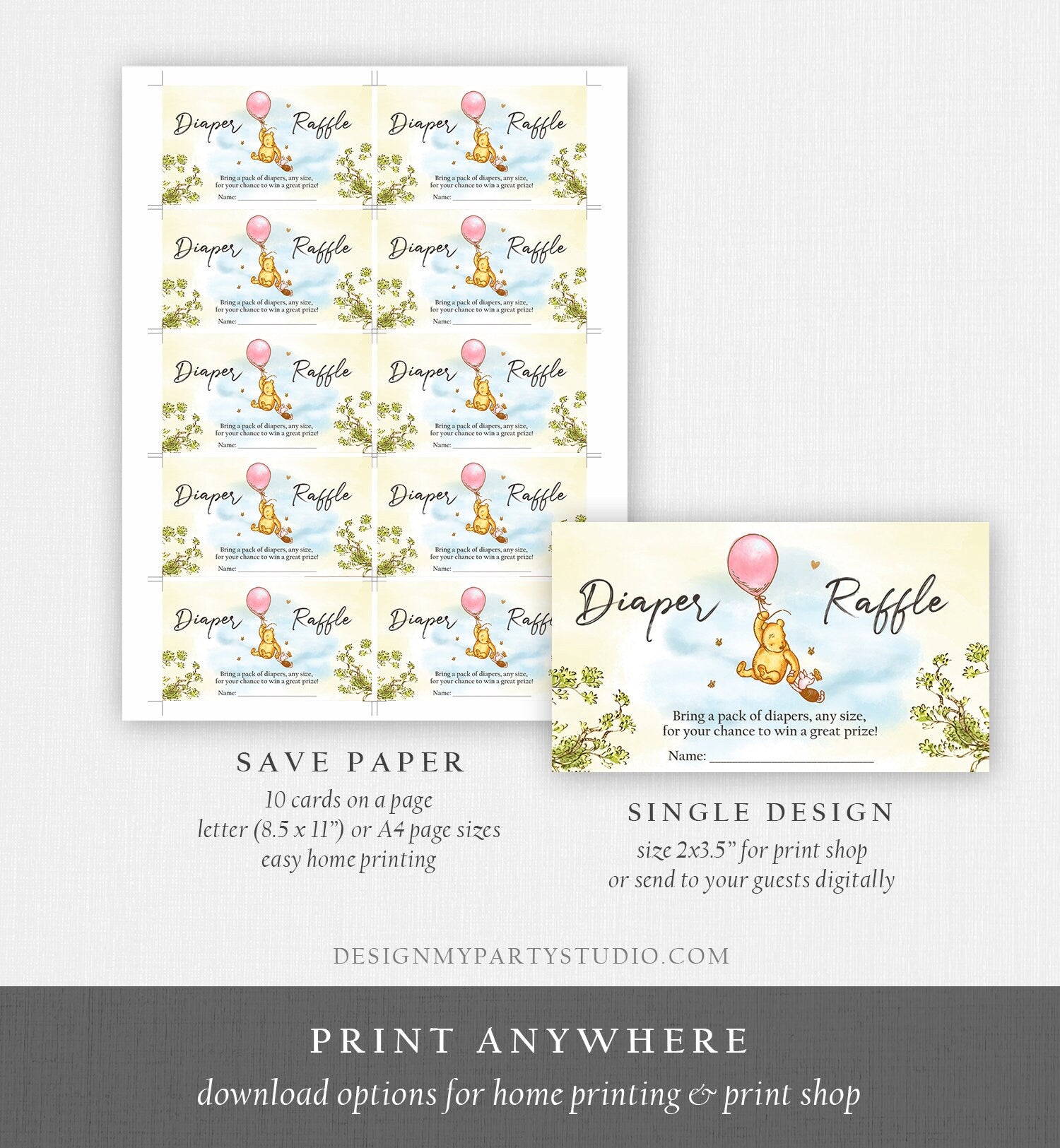 Editable Diaper Raffle Ticket Winnie The Pooh Diaper Game Card Classic Pooh Baby shower insert Girl Download Template Corjl PRINTABLE 0425