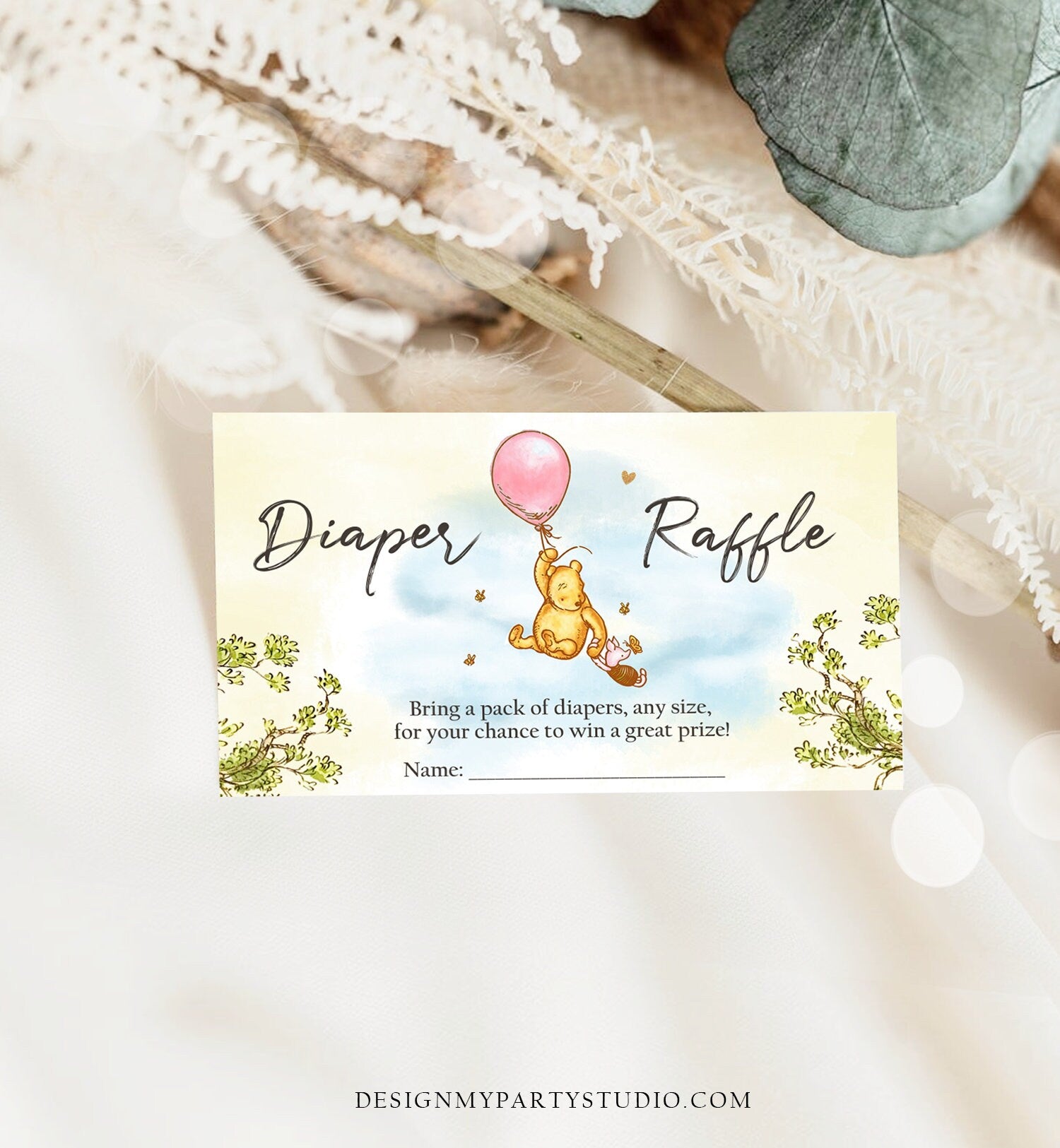 Editable Diaper Raffle Ticket Winnie The Pooh Diaper Game Card Classic Pooh Baby shower insert Girl Download Template Corjl PRINTABLE 0425