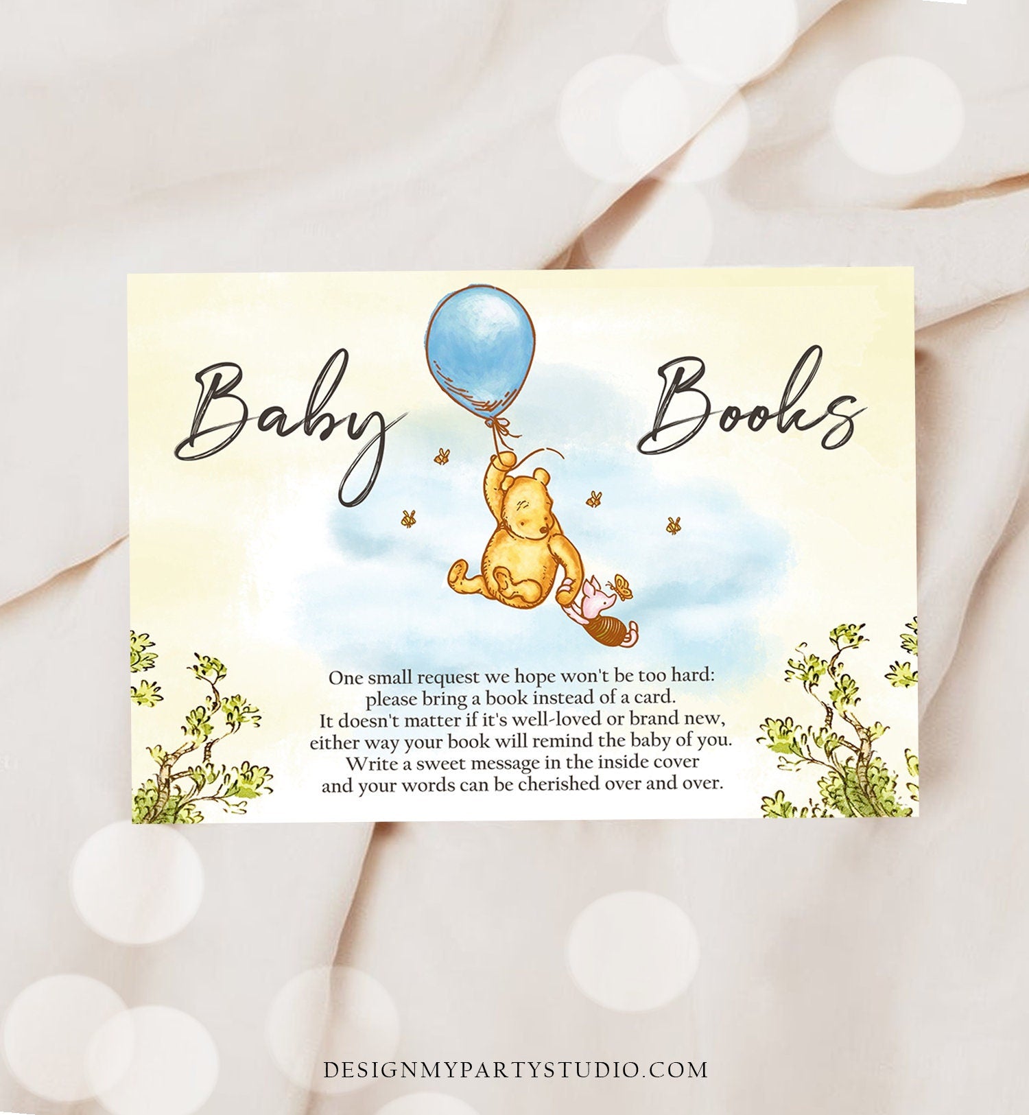 Editable Winnie The Pooh Bring a Book Card Classic Pooh Baby Shower Book Insert Books for Baby Boy Rustic Template PRINTABLE Corjl 0425