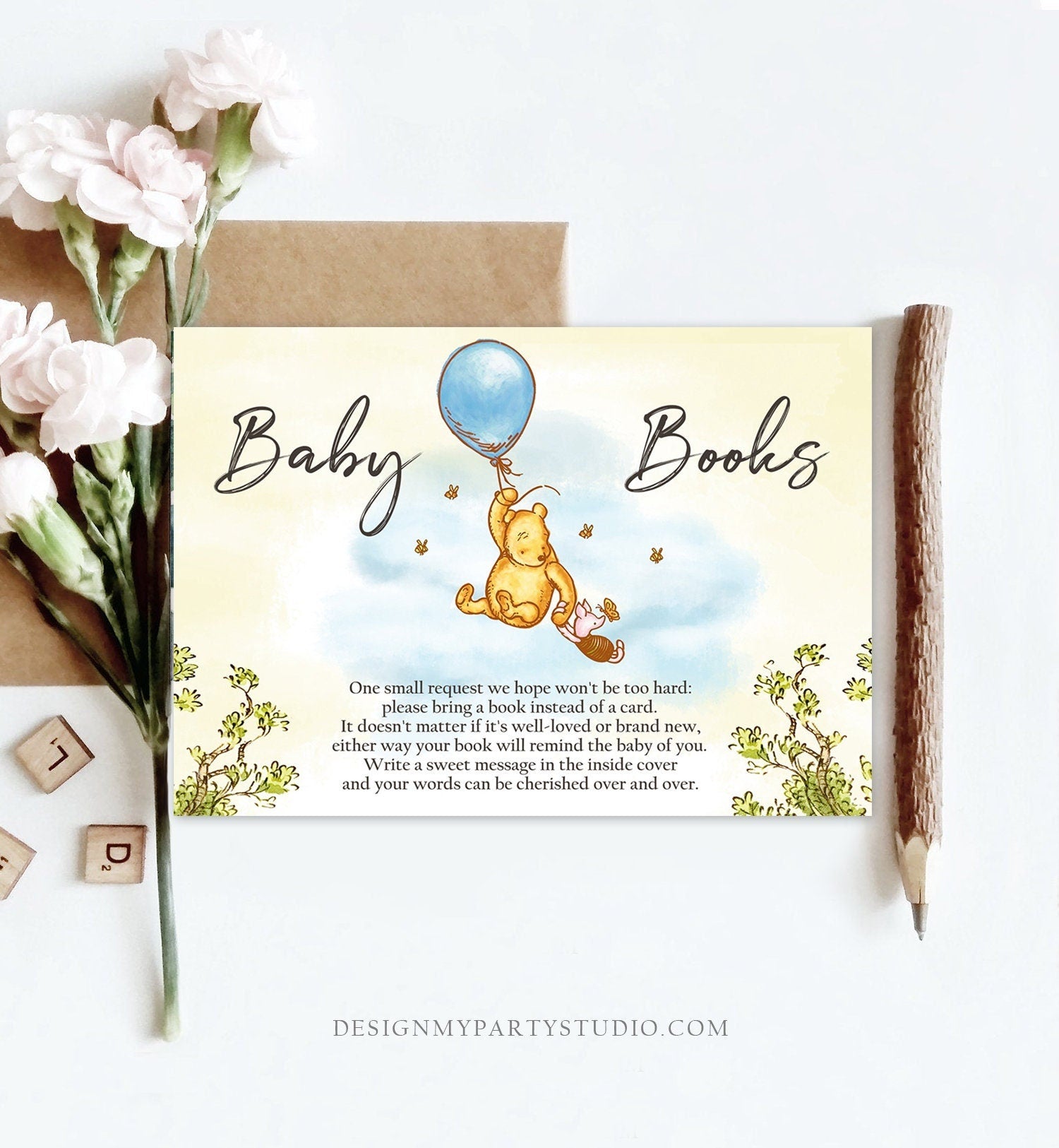 Editable Winnie The Pooh Bring a Book Card Classic Pooh Baby Shower Book Insert Books for Baby Boy Rustic Template PRINTABLE Corjl 0425