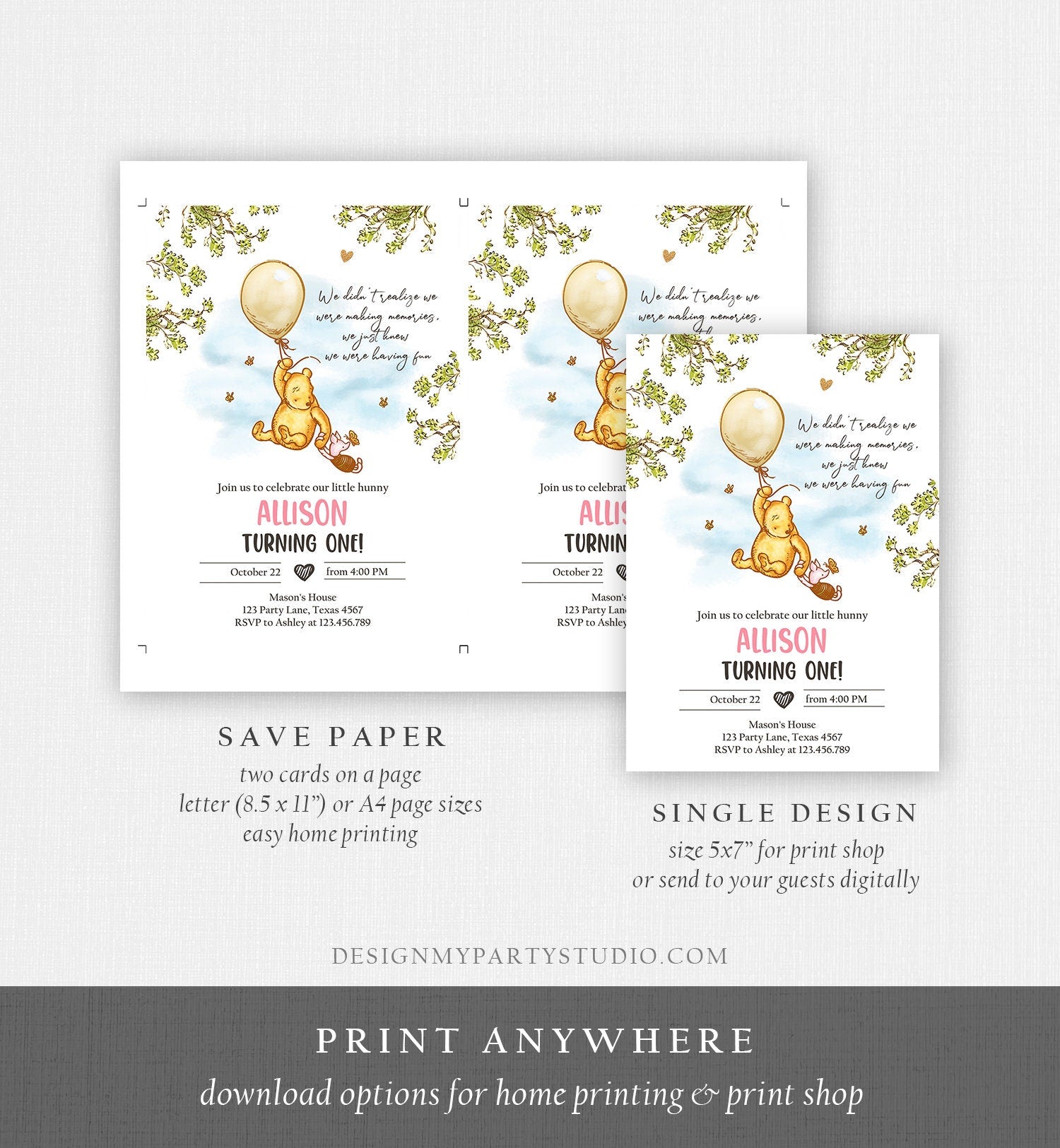 Editable Winnie The Pooh Invitation Girl Pink Rustic Classic Winnie The Pooh 1st Birthday Invite Digital Corjl Template Printable 0425