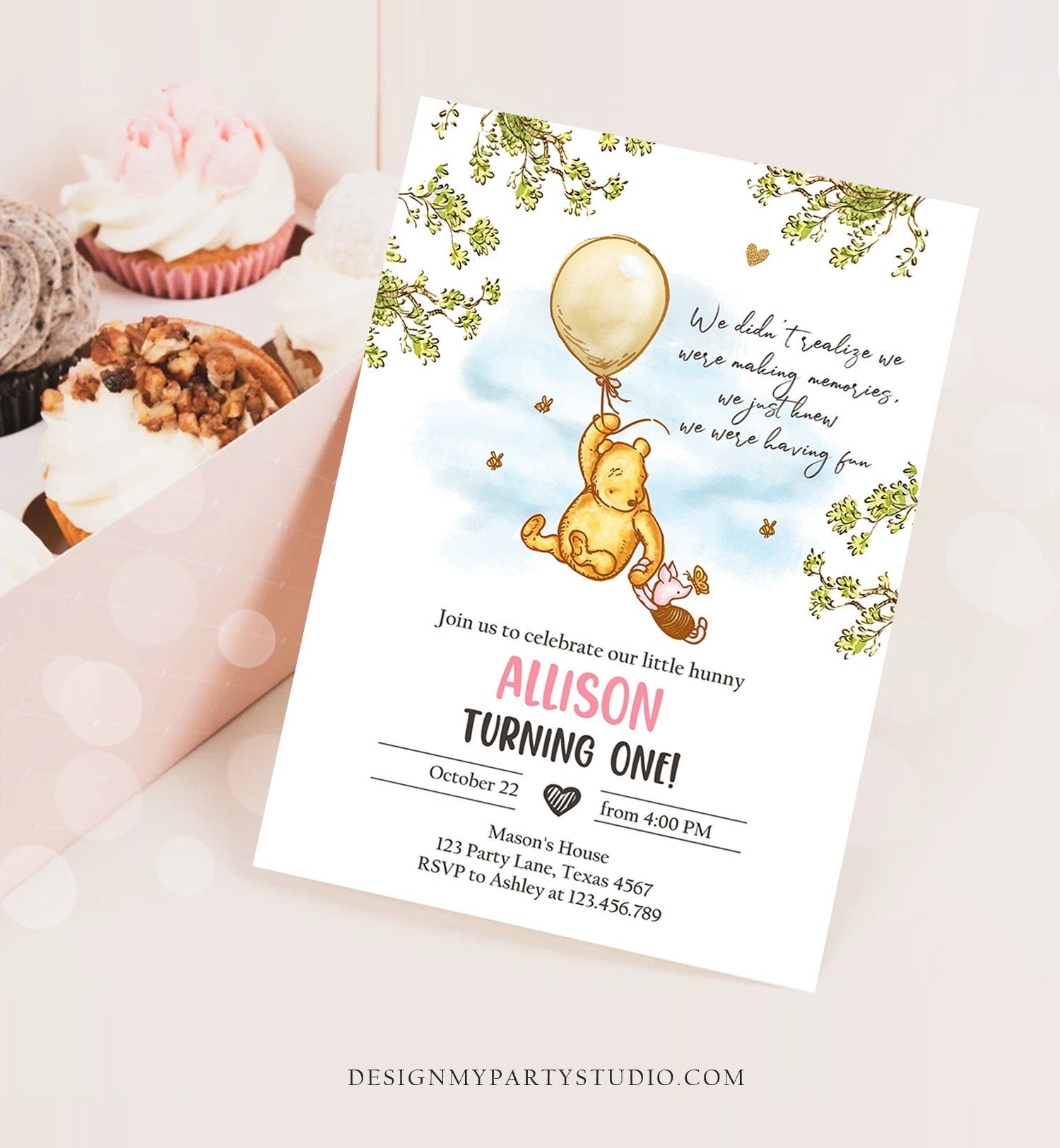 Editable Winnie The Pooh Invitation Girl Pink Rustic Classic Winnie The Pooh 1st Birthday Invite Digital Corjl Template Printable 0425