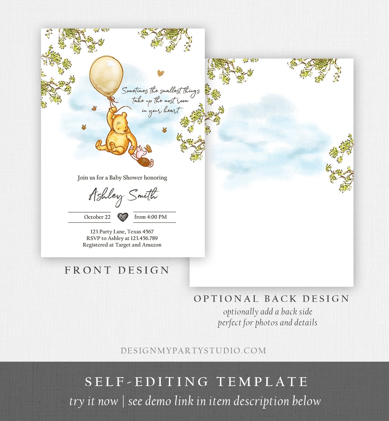 Editable Winnie The Pooh Baby Shower Invitation Gender Neutral Rustic Classic Winnie The Pooh Sprinkle Digital Corjl Template Printable 0425