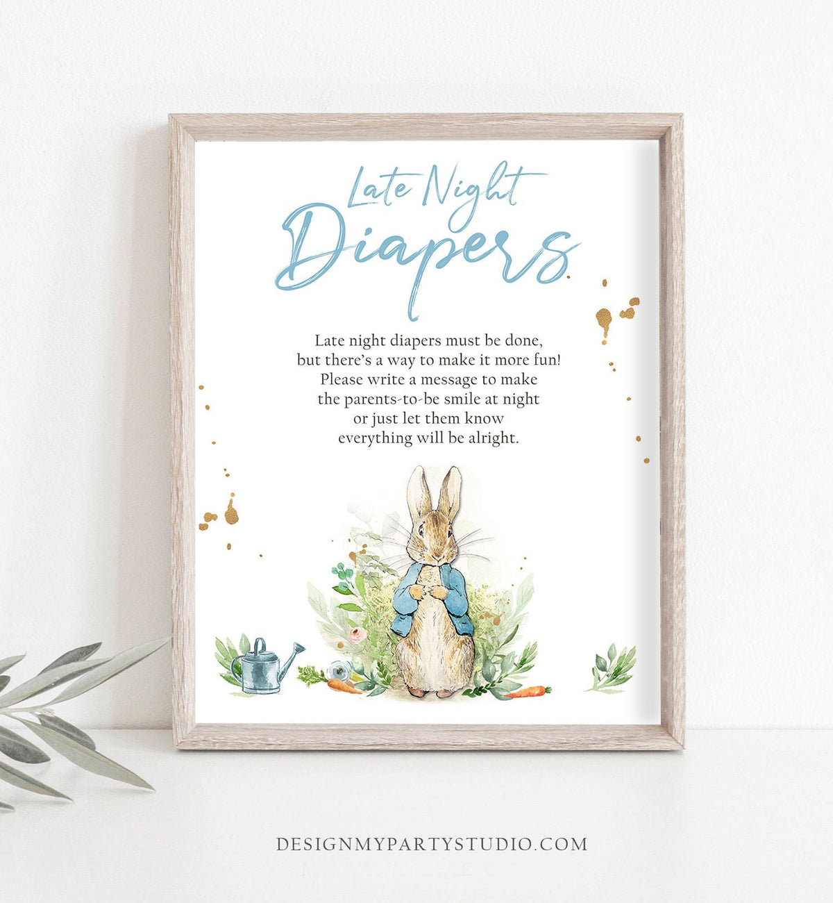 Late Night Diapers Sign Peter Rabbit Baby Shower Beatrix Potter Shower Game Gender Neutral Boy Diaper Thought Greenery Sign PRINTABLE 0351