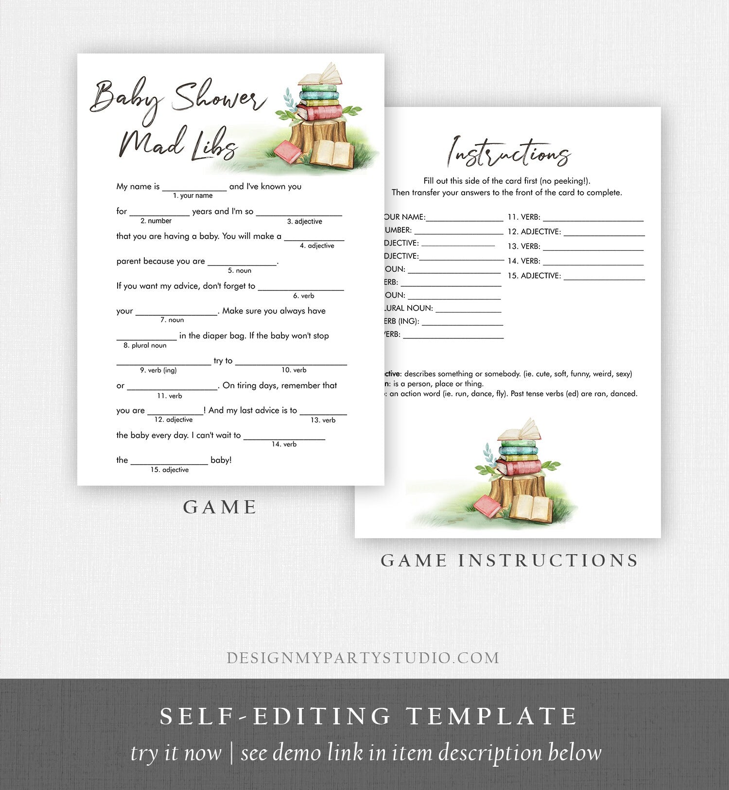 Editable Mad Libs Baby Shower Game Storybook Baby Shower Gender Neutral Vintage Book Shower Activity Rustic Corjl Template Printable 0427