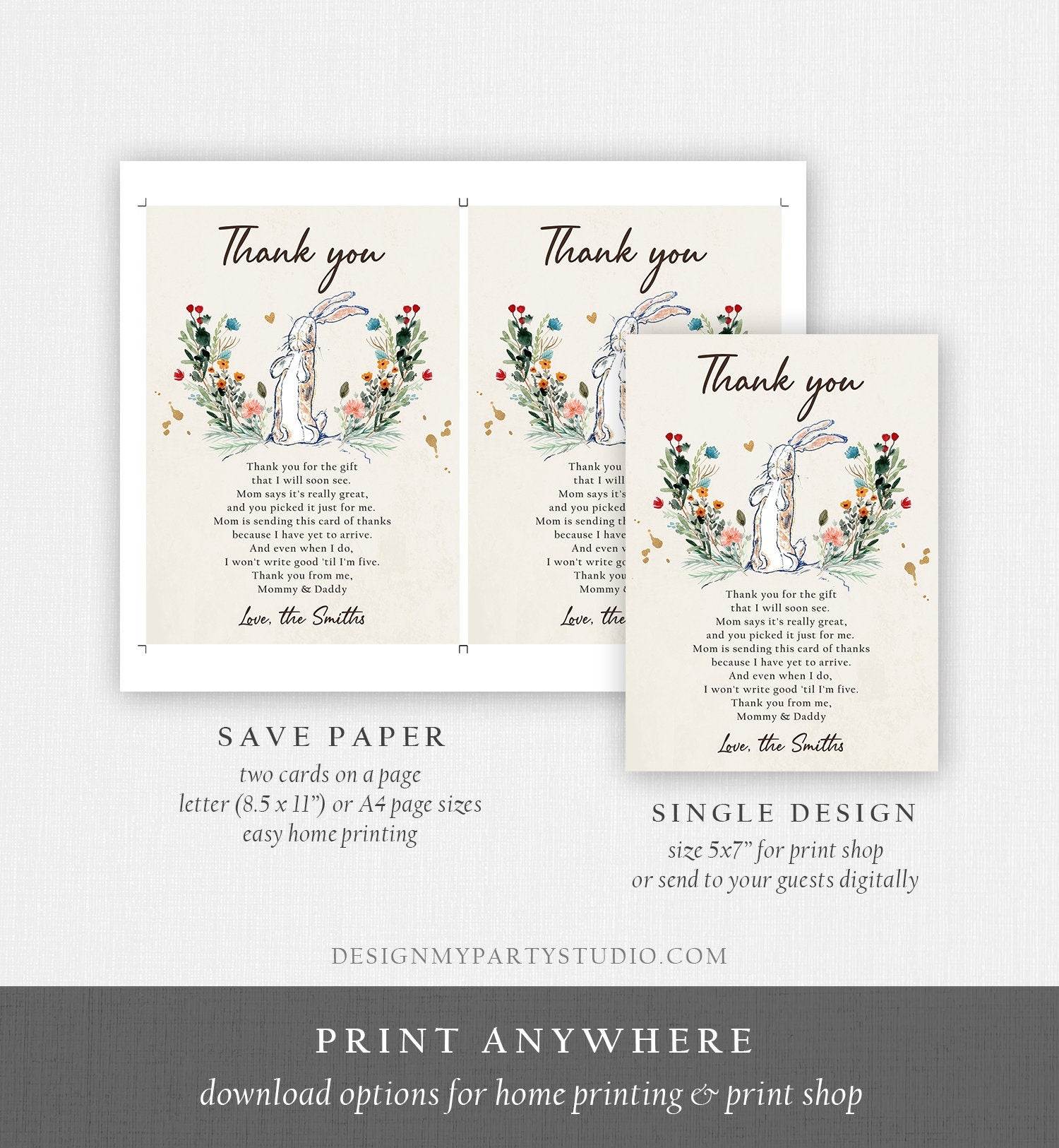 Editable The Velveteen Rabbit Baby Shower Thank You Card Rustic Spring Bunny Baby Shower Boho Digital Download Corjl Template Printable 0394