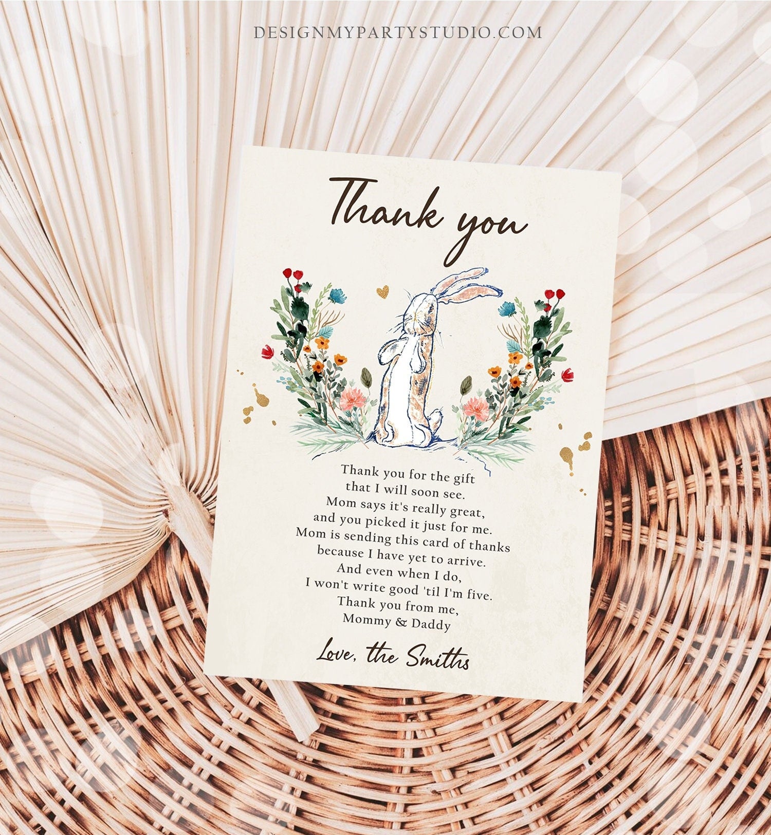 Editable The Velveteen Rabbit Baby Shower Thank You Card Rustic Spring Bunny Baby Shower Boho Digital Download Corjl Template Printable 0394