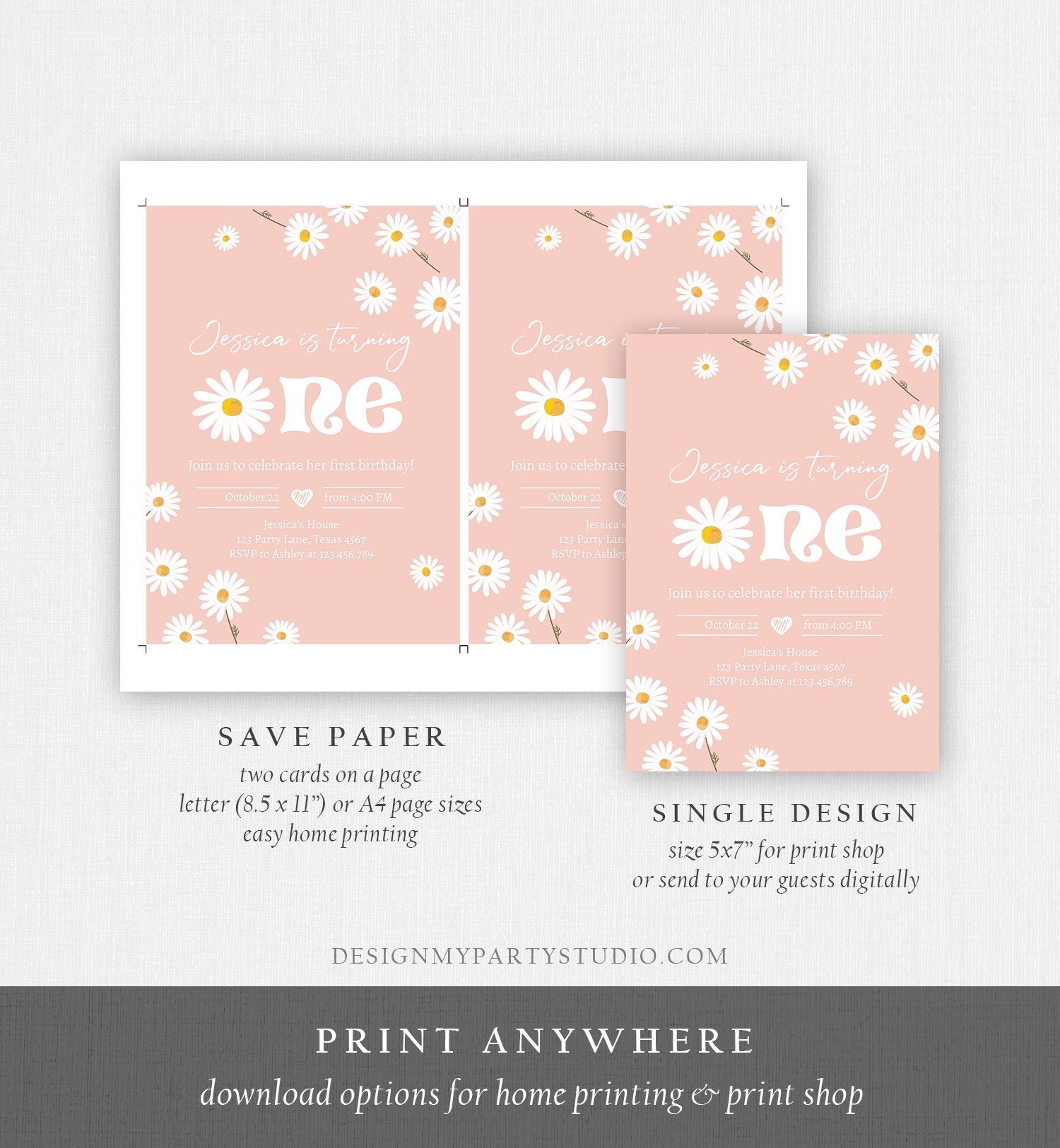 Editable Daisy Birthday Party Invitation 1st Birthday One Party Bohemian Girl Boho Pink First Download Printable Template Corjl Digital 0410