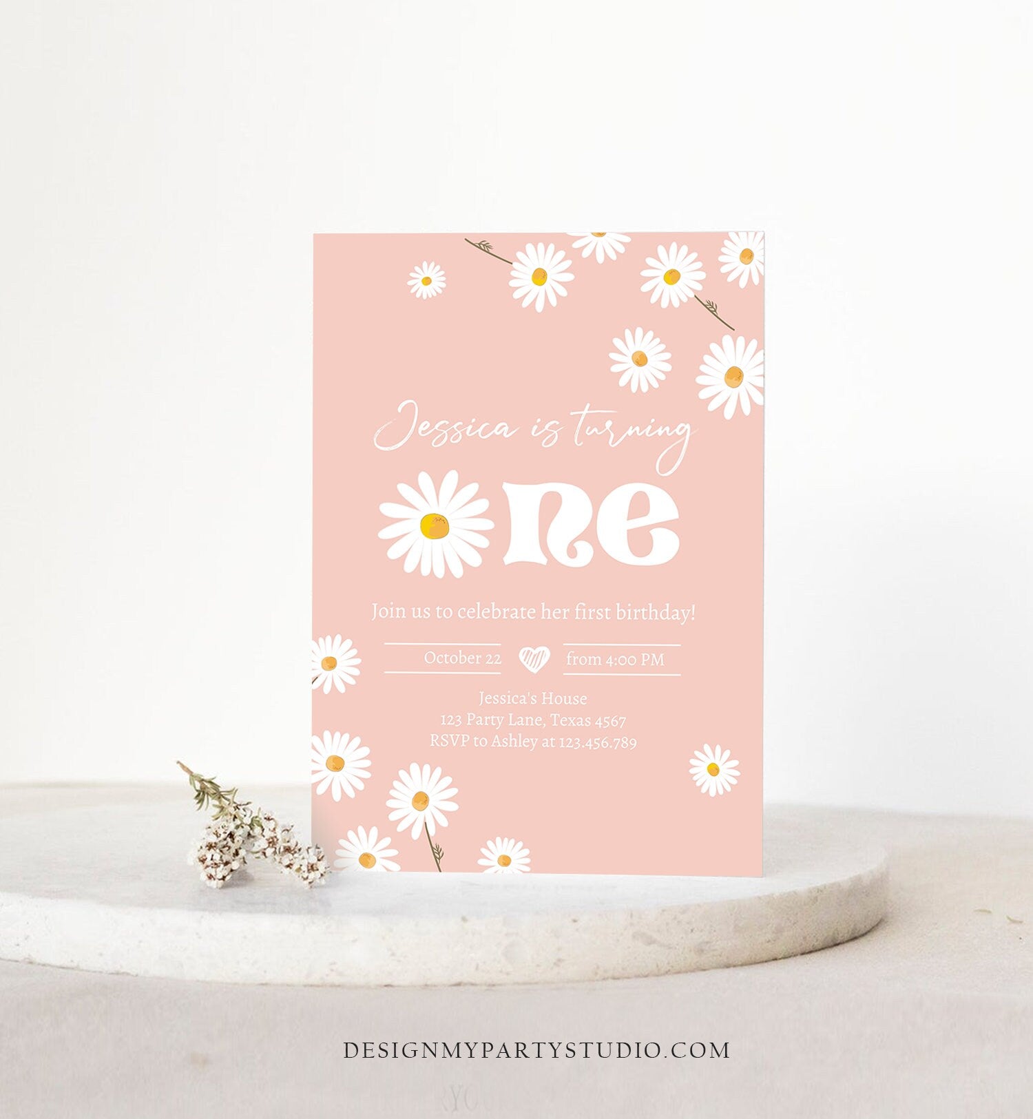 Editable Daisy Birthday Party Invitation 1st Birthday One Party Bohemian Girl Boho Pink First Download Printable Template Corjl Digital 0410