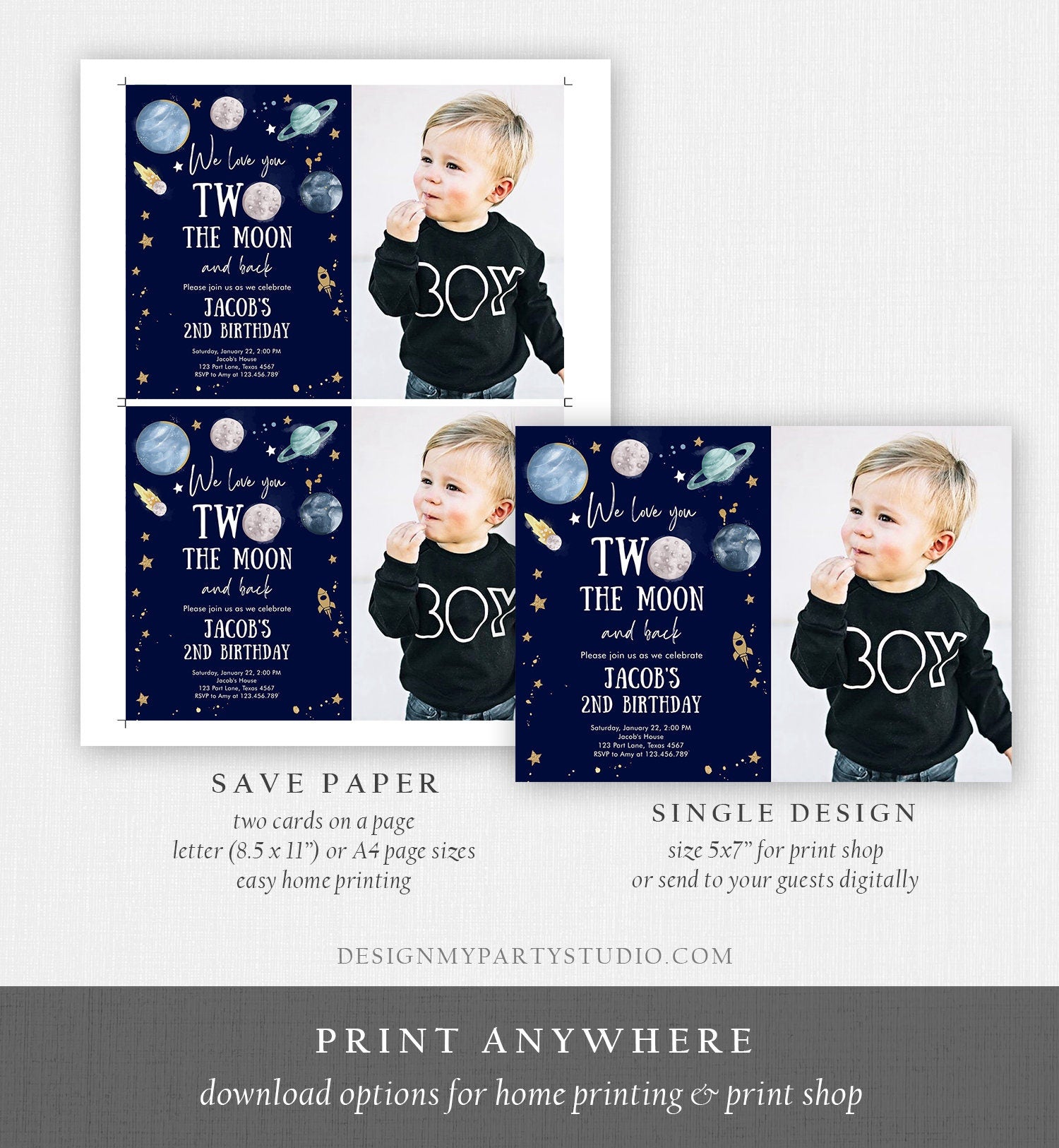 Editable Two the Moon Second Birthday Invitation Space Astronaut Love You to the Moon Galaxy 2nd Boy Printable Template Digital Corjl 0357