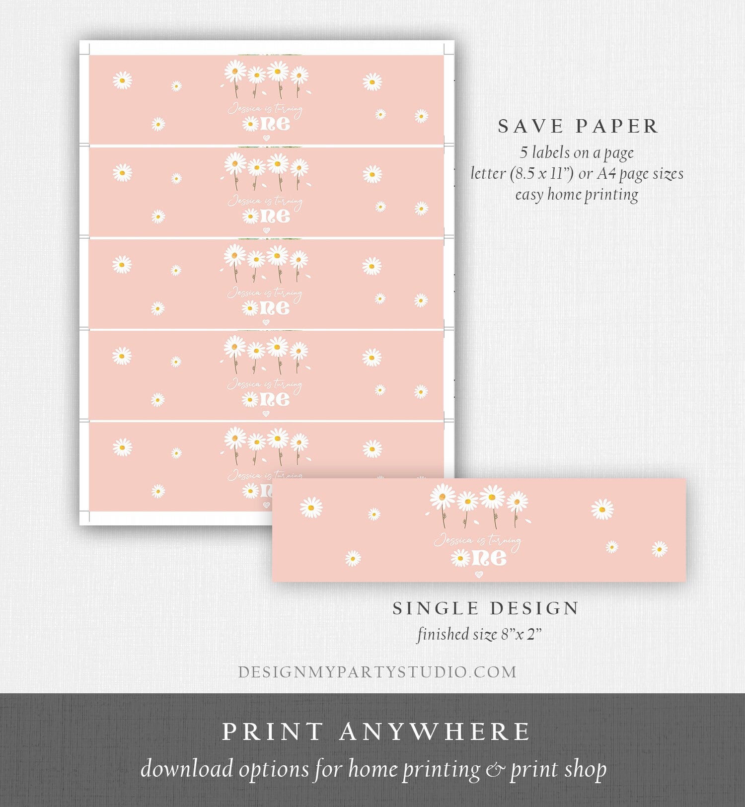 Editable Daisy Water Bottle Labels Daisy 1st Birthday Hippy Bohemian Pink Daisy Party Decor One Printable Bottle Wrap Template Corjl 0410