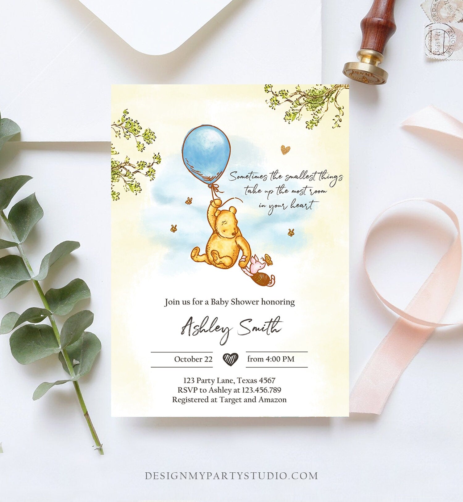 Editable Winnie The Pooh Baby Shower Invitation Boy Blue Rustic Classic Winnie The Pooh Sprinkle Digital Corjl Template Printable 0425