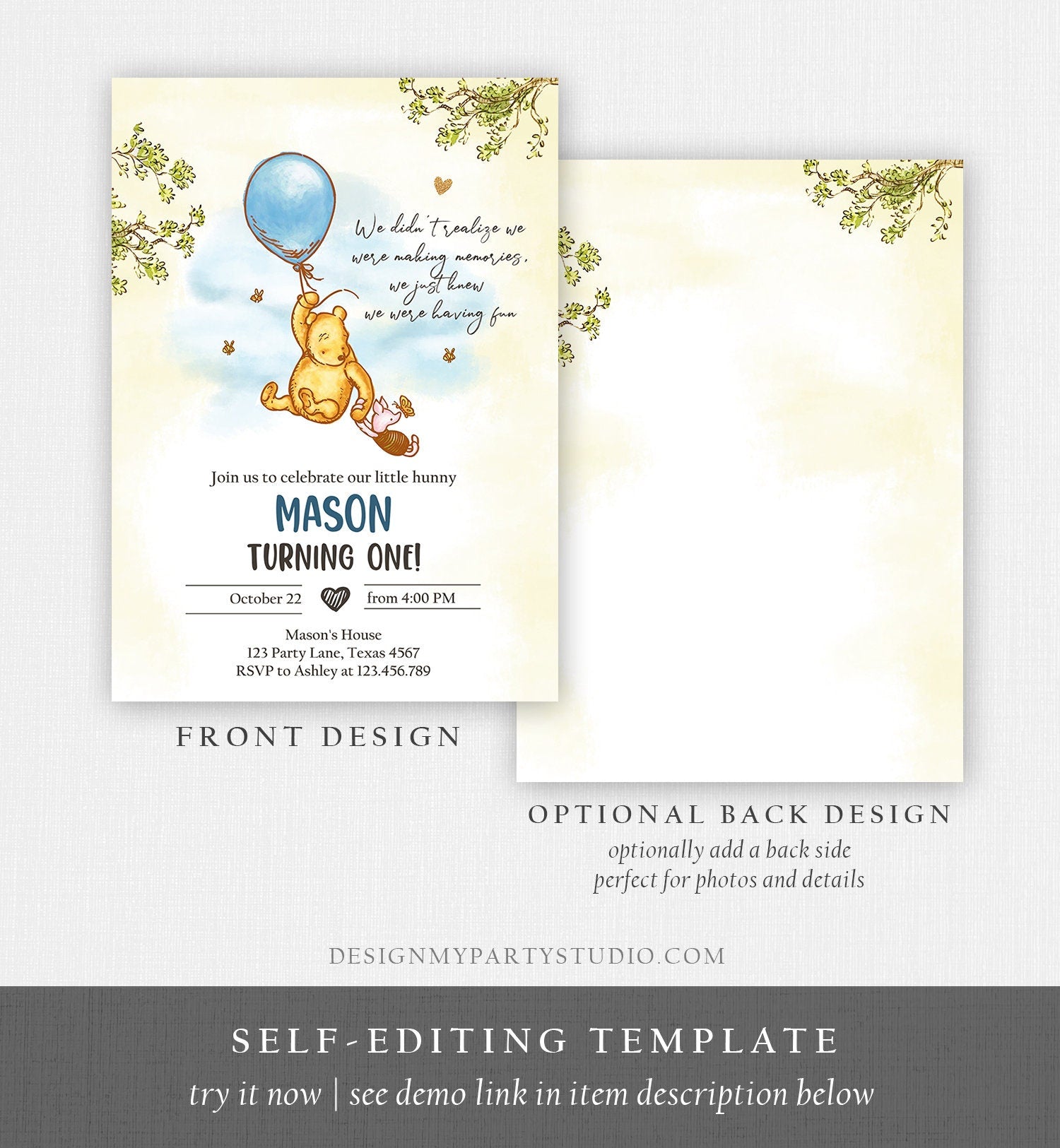 Editable Winnie The Pooh Invitation Boy Blue Rustic Classic Winnie The Pooh 1st Birthday Invite Digital Corjl Template Printable 0425