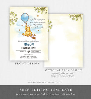 Editable Winnie The Pooh Invitation Boy Blue Rustic Classic Winnie The Pooh 1st Birthday Invite Digital Corjl Template Printable 0425